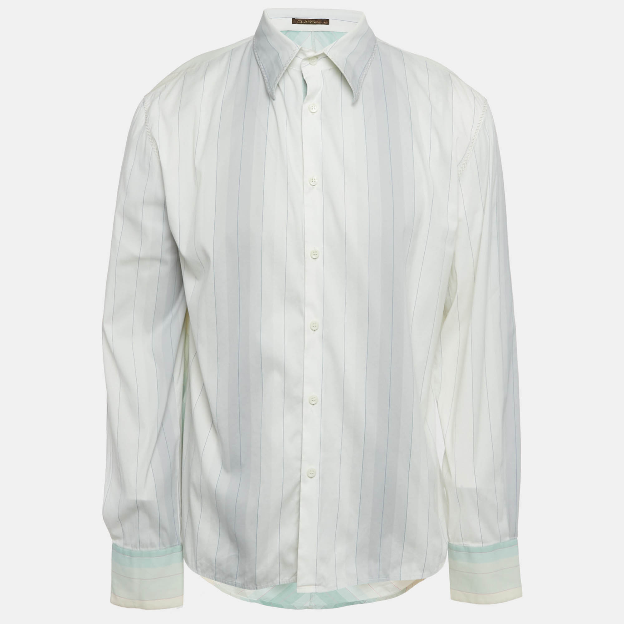 Class by Roberto Cavalli White Stripe Cotton Embroidery Detail Button Front Shirt XXL