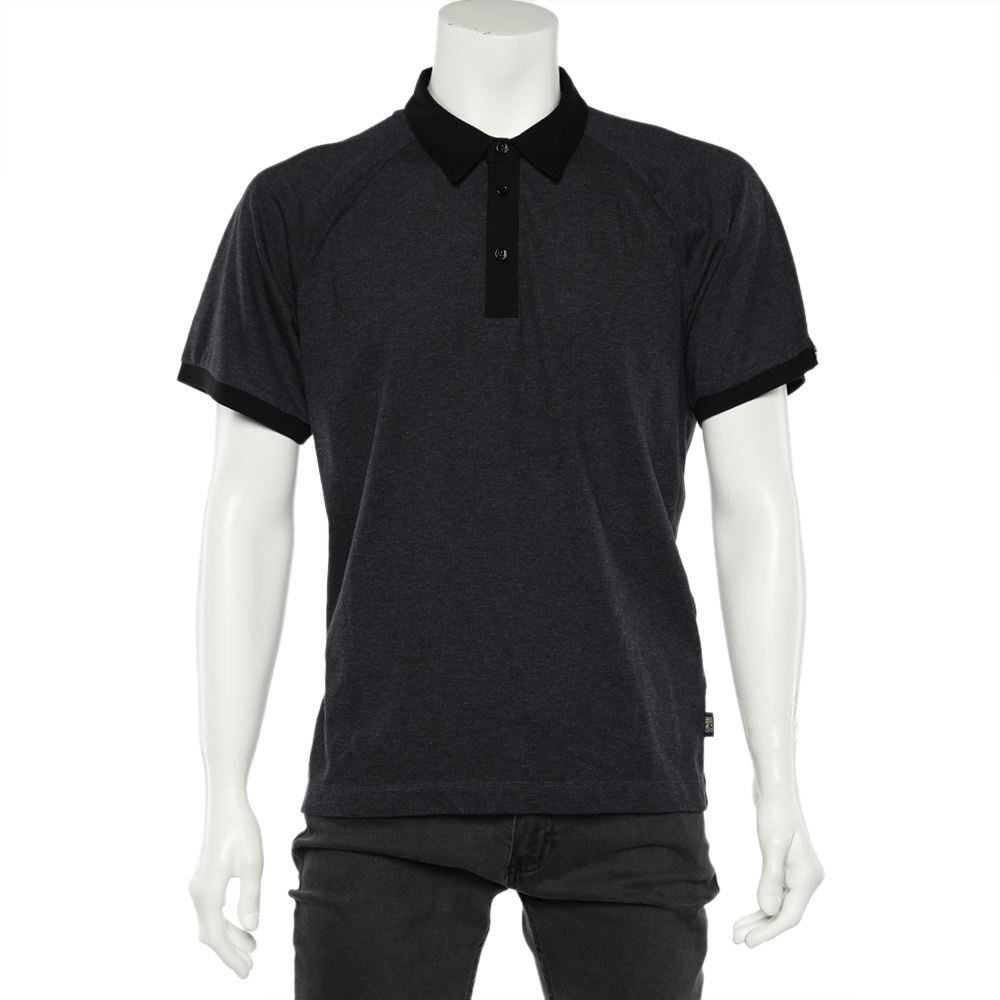 

Class by Roberto Cavalli Charcoal Grey Dot Pattern Cotton Knit Polo T-Shirt