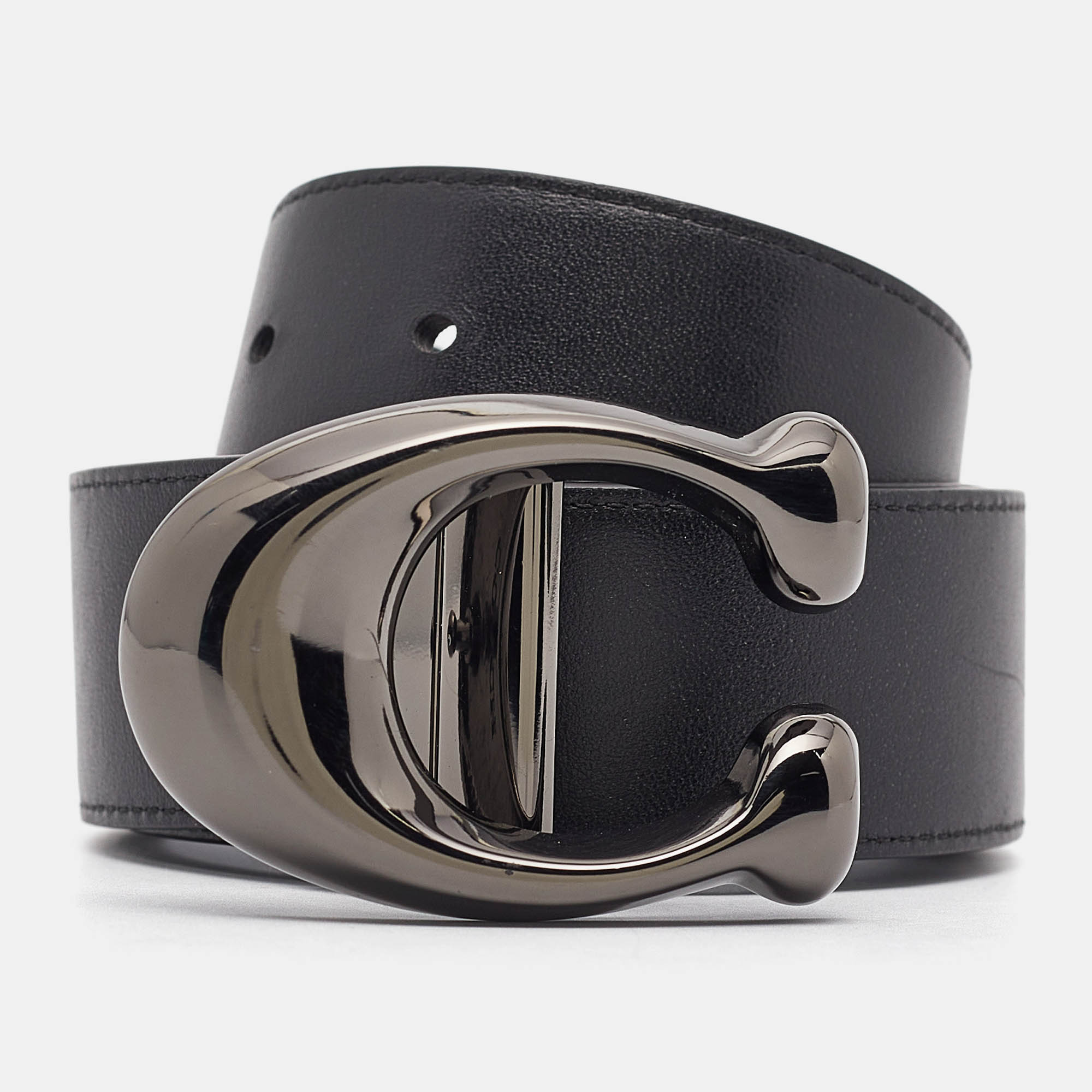 

Coach Navy Blue/Black Leather Signature Buckle Reversible Belt Cut to Size