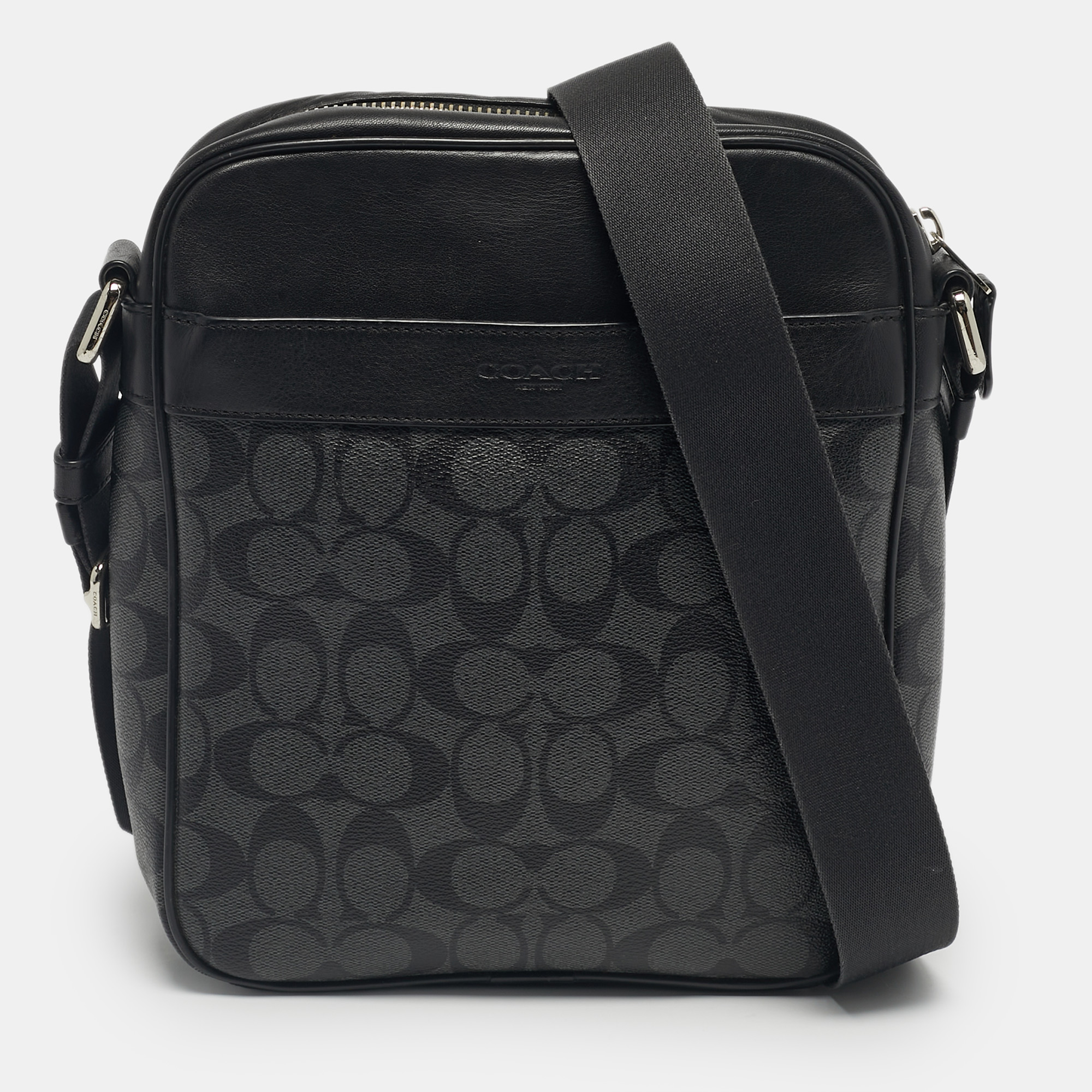 

Coach Black Signature Coated Canvas and Leather Flight Messenger Bag