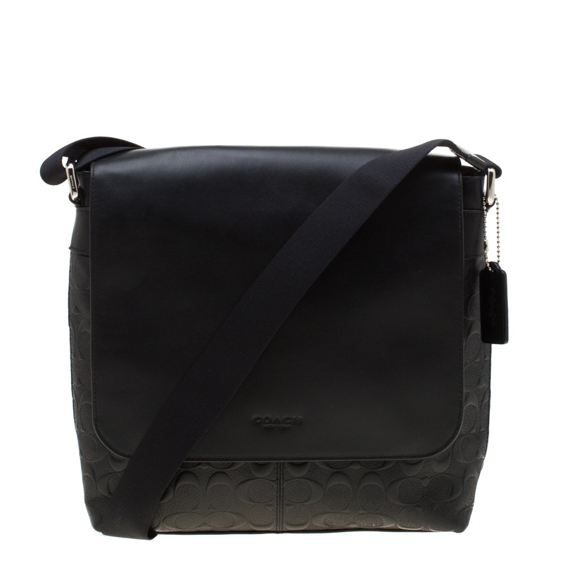 Coach Black Signature Embossed Leather Charles Messenger Bag