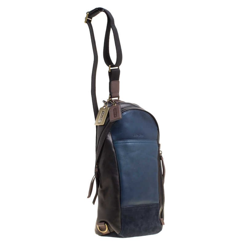 Coach Black/Blue Leather and Suede Thompson Sling Backpack Coach TLC