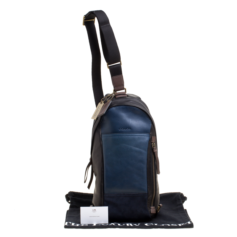 Coach Black/Blue Leather and Suede Thompson Sling Backpack