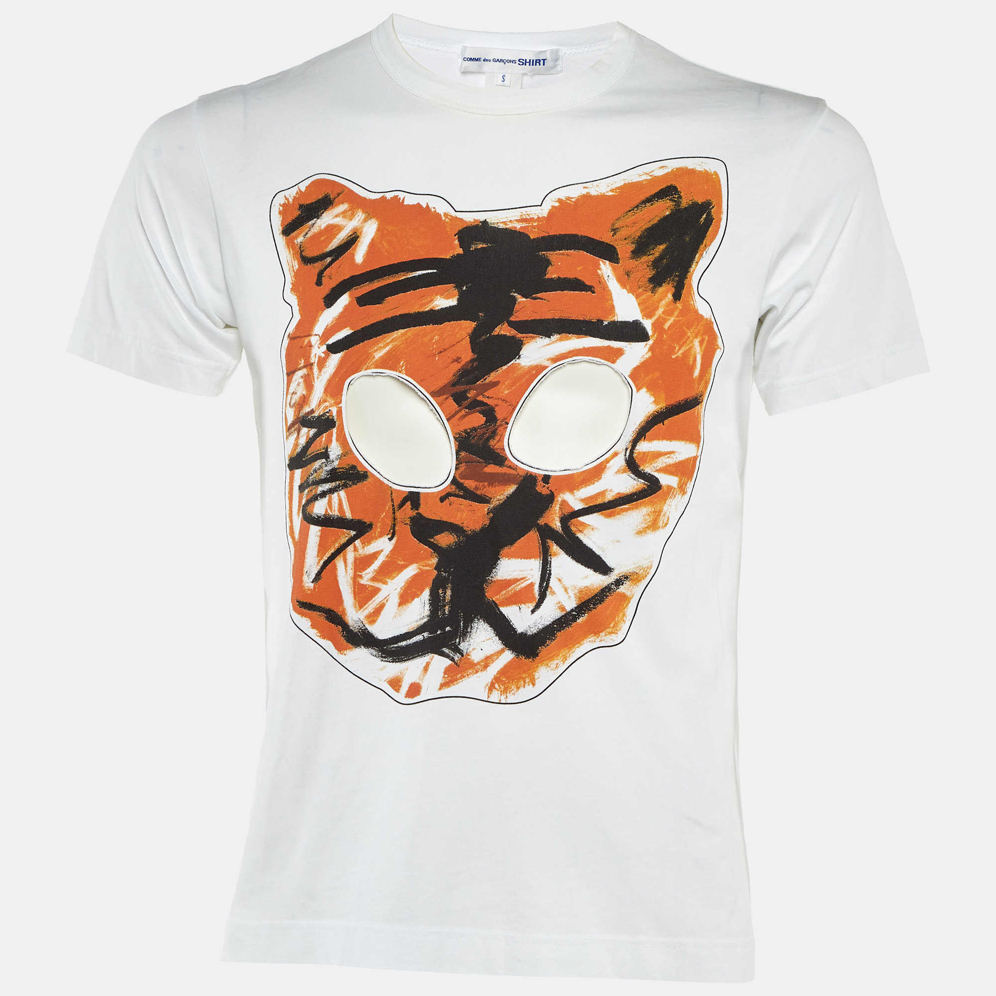 Pre-owned Comme Des Garçons White Tiger Printed Cotton Knit Cutout Detail T-shirt S