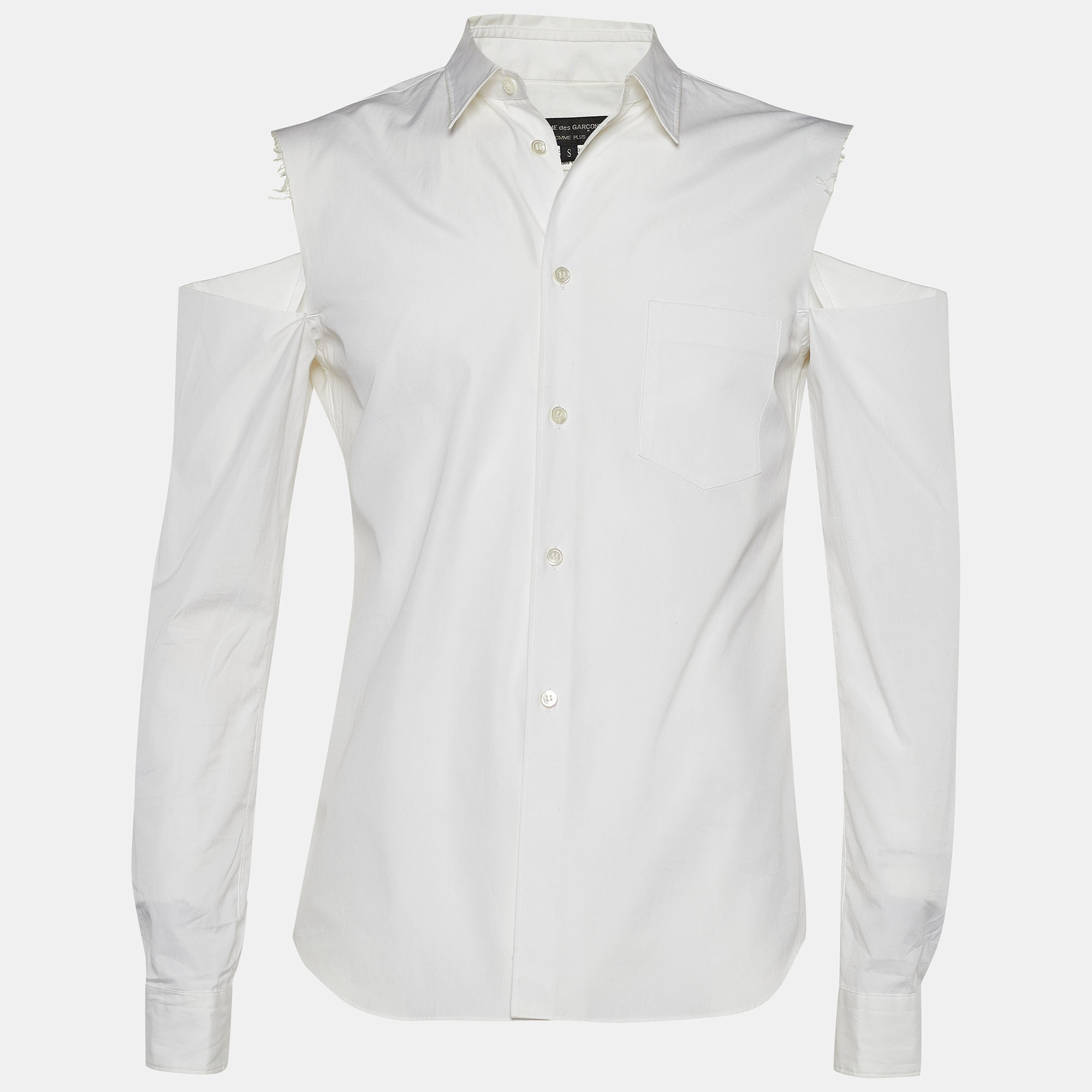 Comme des Garcons White Poplin Distressed Sleeve Shirt S