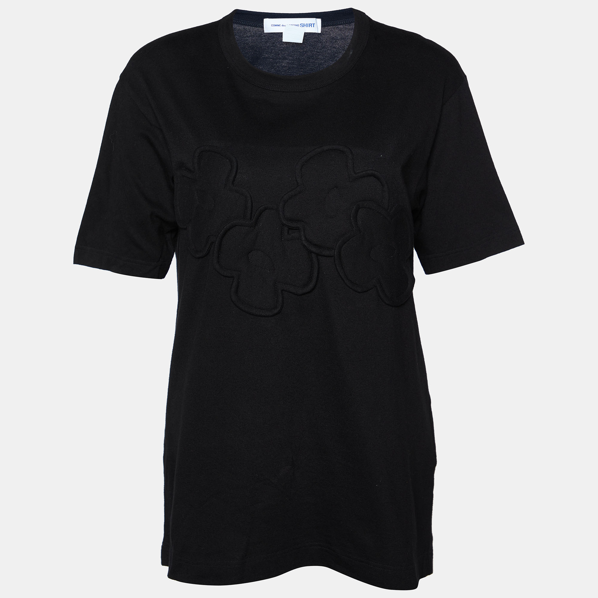 Pre-owned Comme Des Garçons Black Floral Applique Cotton Knit T-shirt M