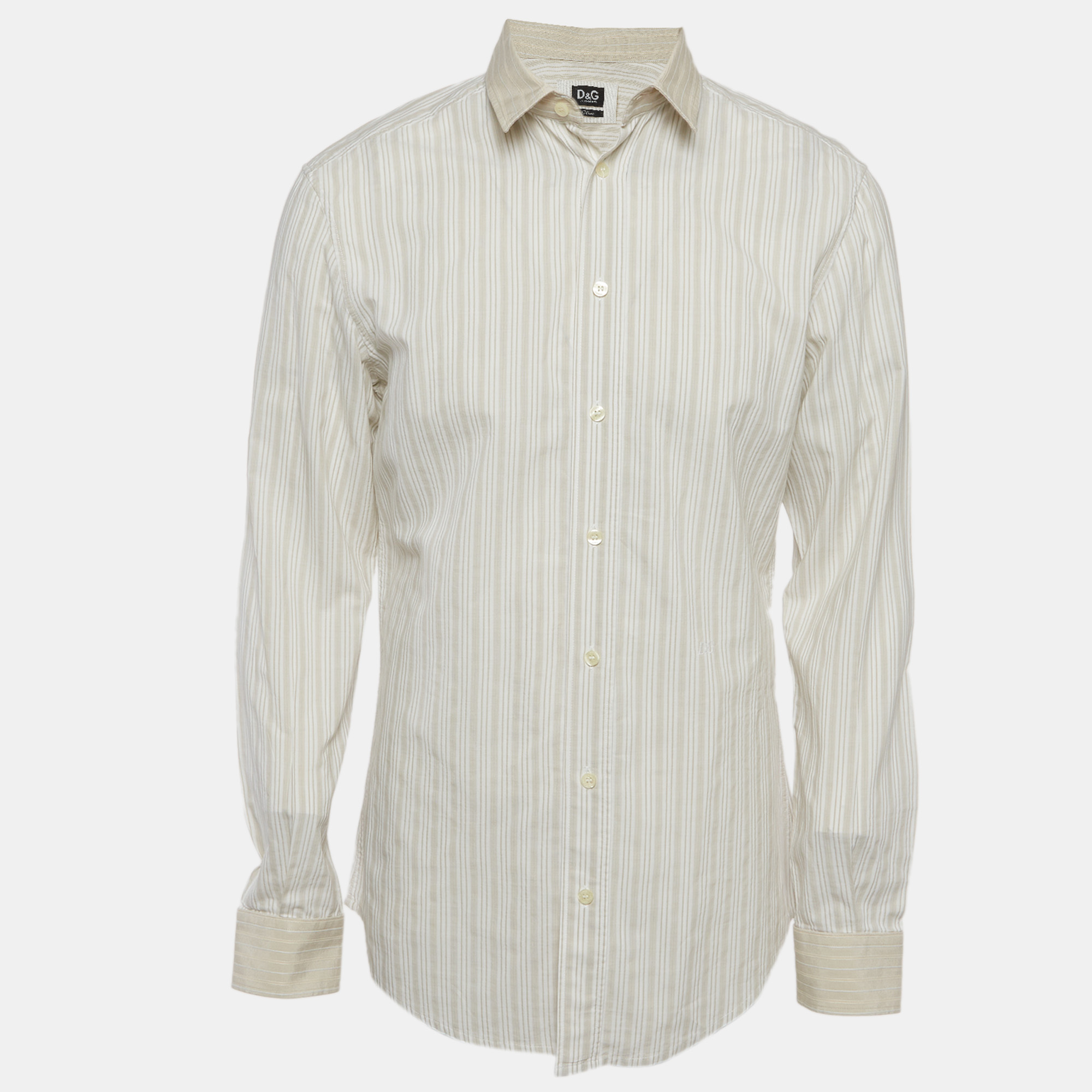 

D&G White/Beige Striped Logo Embroidered Cotton Shirt XL