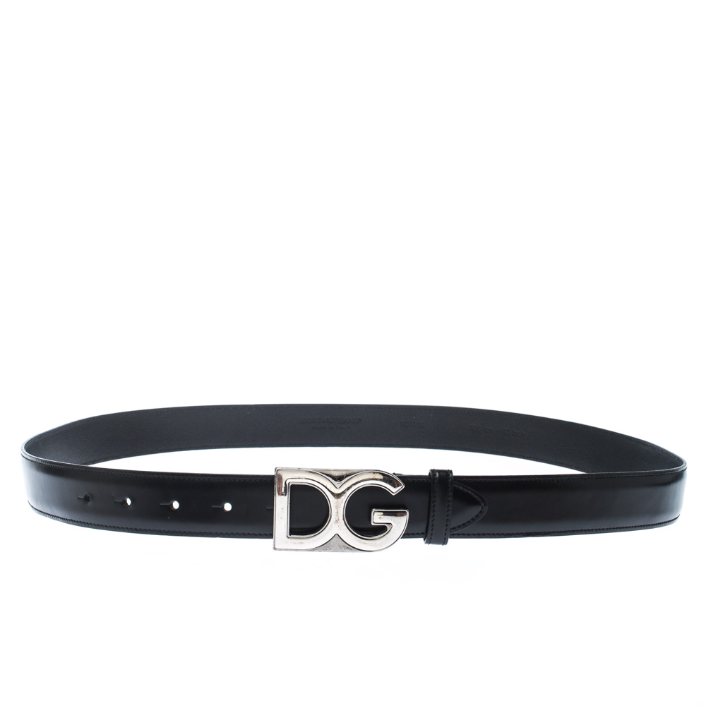 Pre Owned D&G Black Leather Logo Buckle Belt 105CM