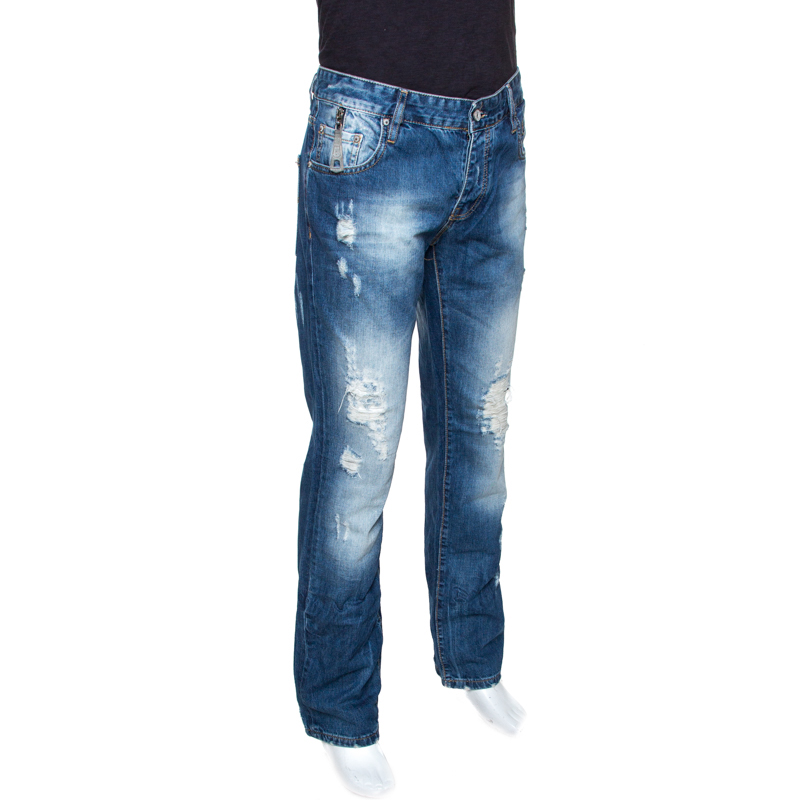 

D & G Indigo Medium Washed Denim Distressed Straight Fit Jeans, Blue