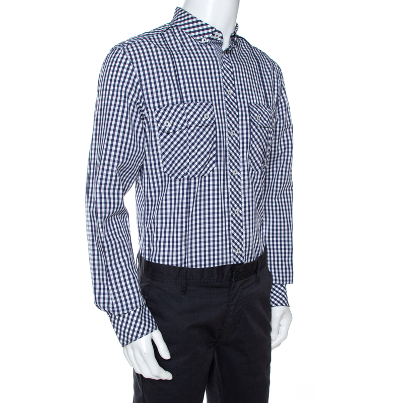 

D&G Bicolor Gingham Check Cotton Slim Fit Shirt, Navy blue