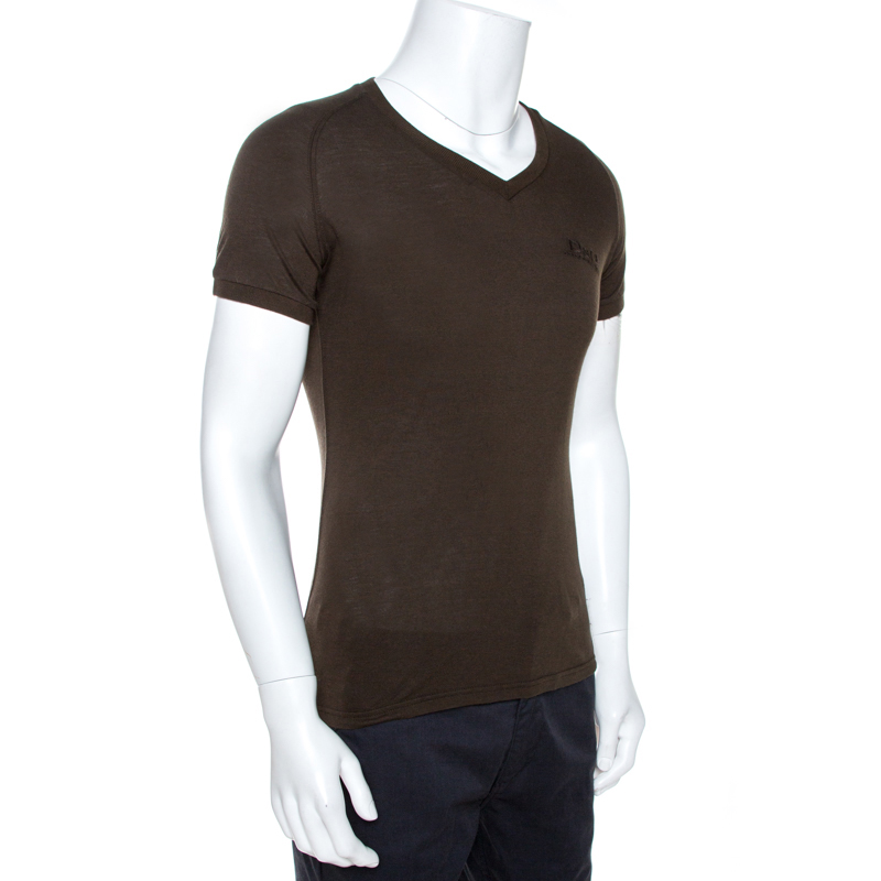 

D & G Olive Green Logo Embroidered Knit V Neck T-Shirt