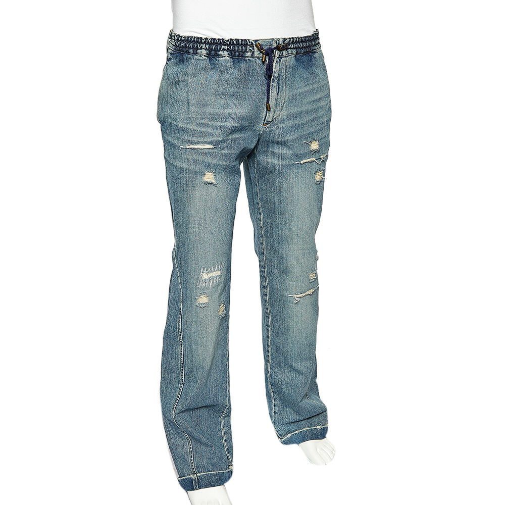 

D&G Blue Denim Elastic Waist Wide Leg Distressed Jeans