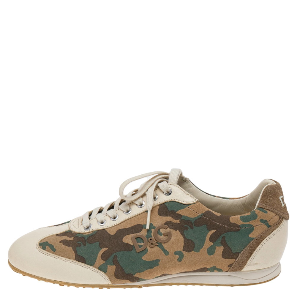 

D&G Beige Leather And Camouflage Print Suede Low Top Sneakers Size