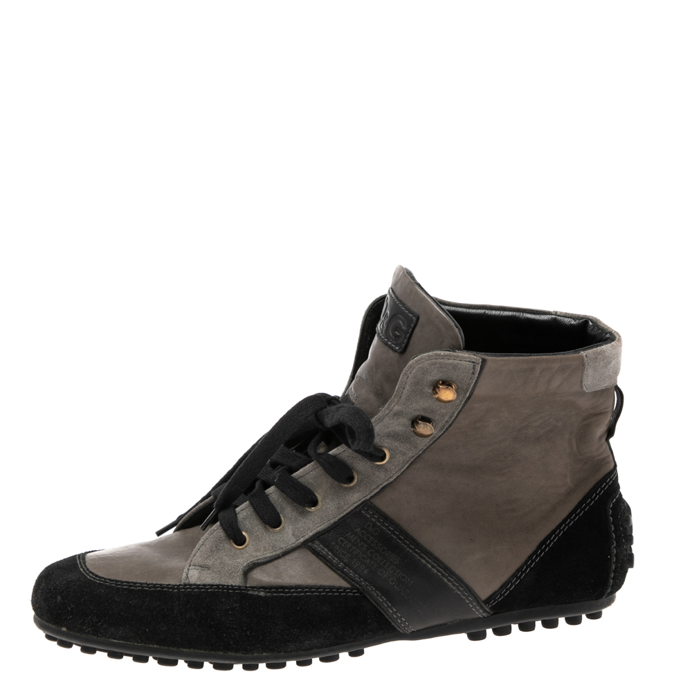 

D&G Grey/Black Leather And Suede Lace Up High Top Sneakers Size