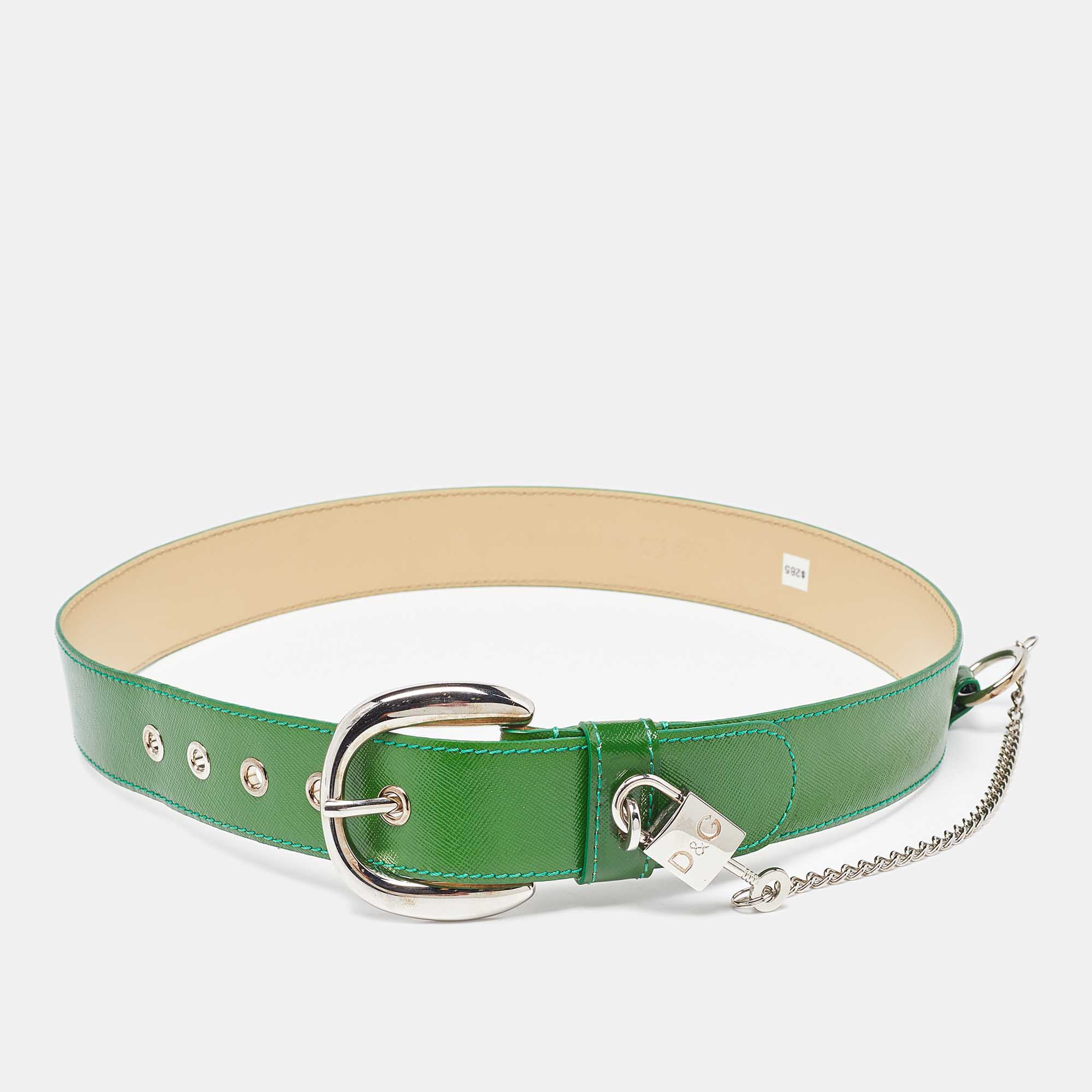 Pre-owned D & G Green Leather Padlock Buckle Belt 85cm