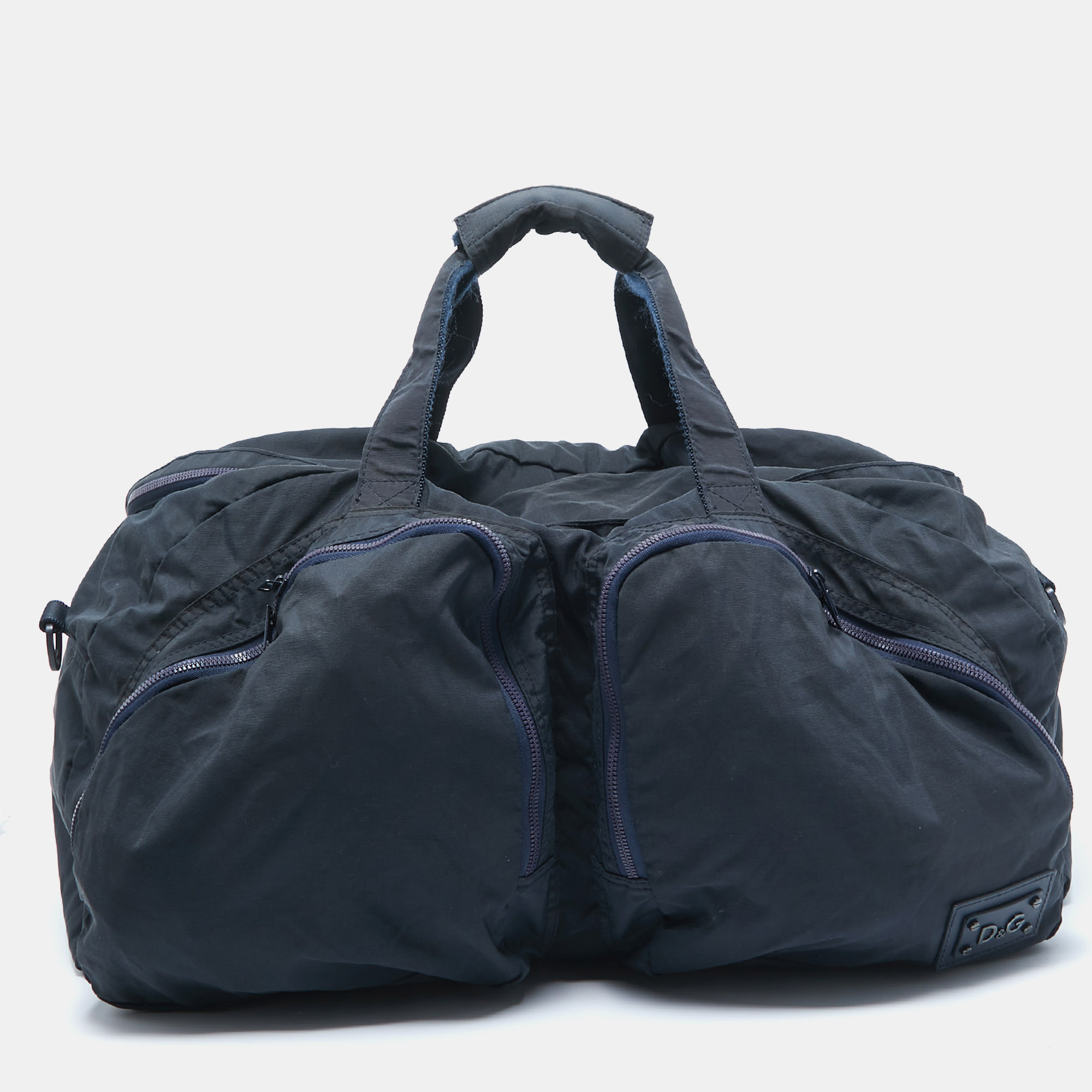 D and G Navy Blue Nylon Double Pocket Weekender Duffel Bag