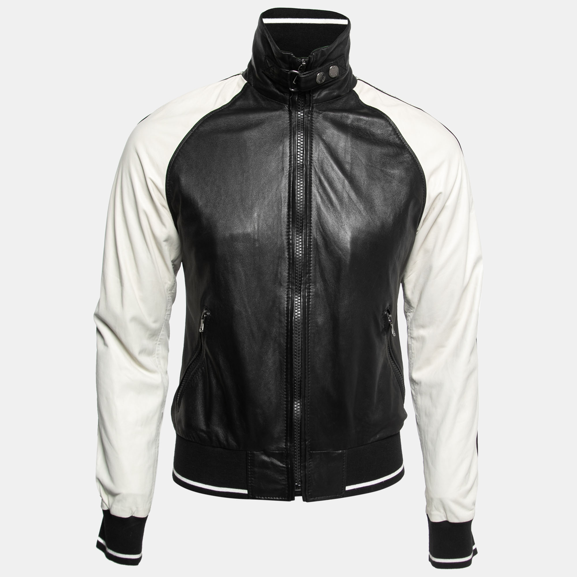 Pre-owned D & G Monochrome Leather Raglan Sleeve Zip Front Jacket S In Black