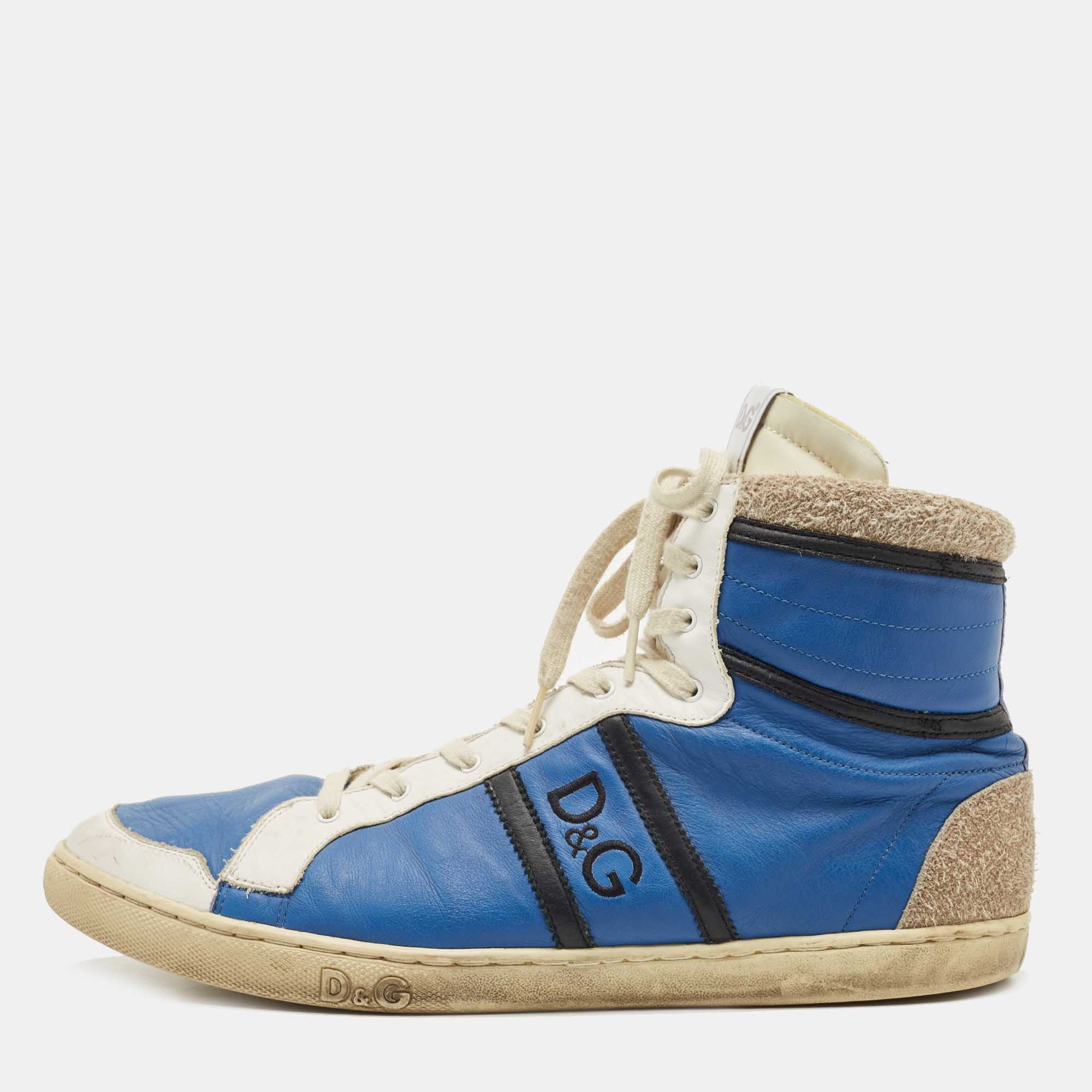 Pre-owned D & G Blue/white Leather And Suede High Top Trainers Size 45