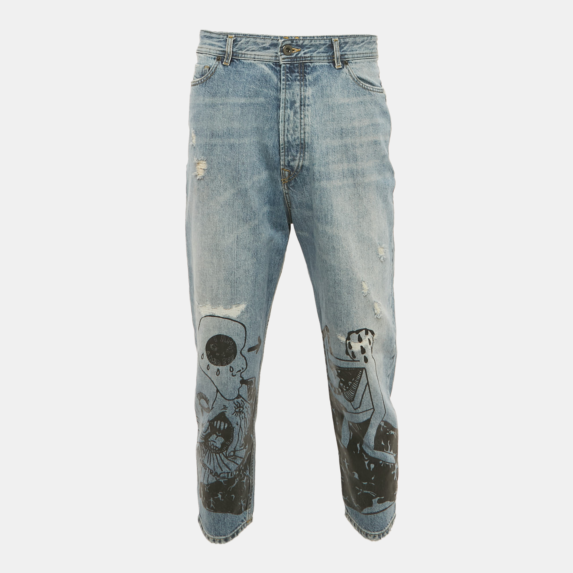 

Diesel Black Gold Blue Distressed Graffiti Print Slim Fit Denim Jeans M/L Waist 33"