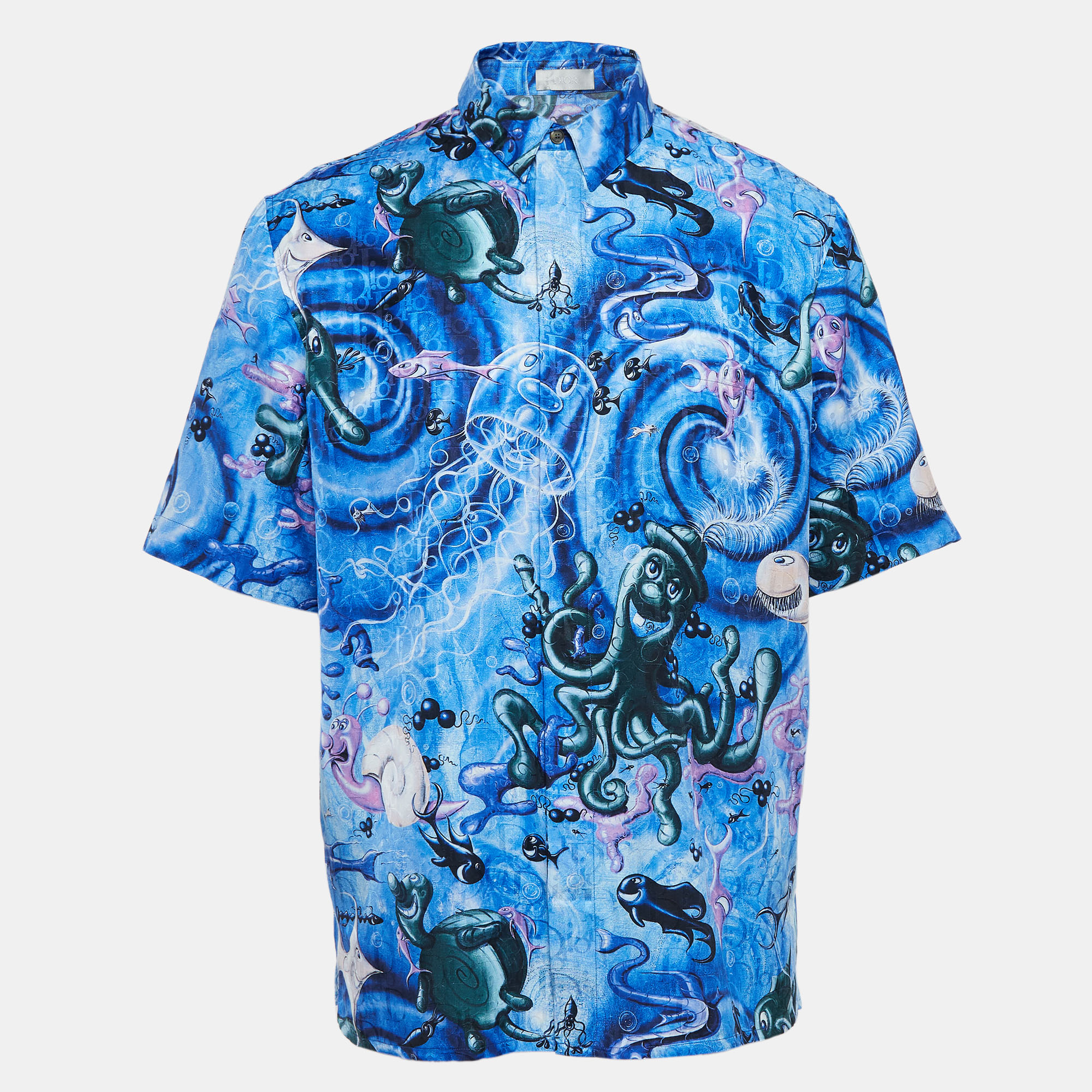 Pre-owned Dior X Kenny Scharf Blue Swirl Sealife Satin Shirt L