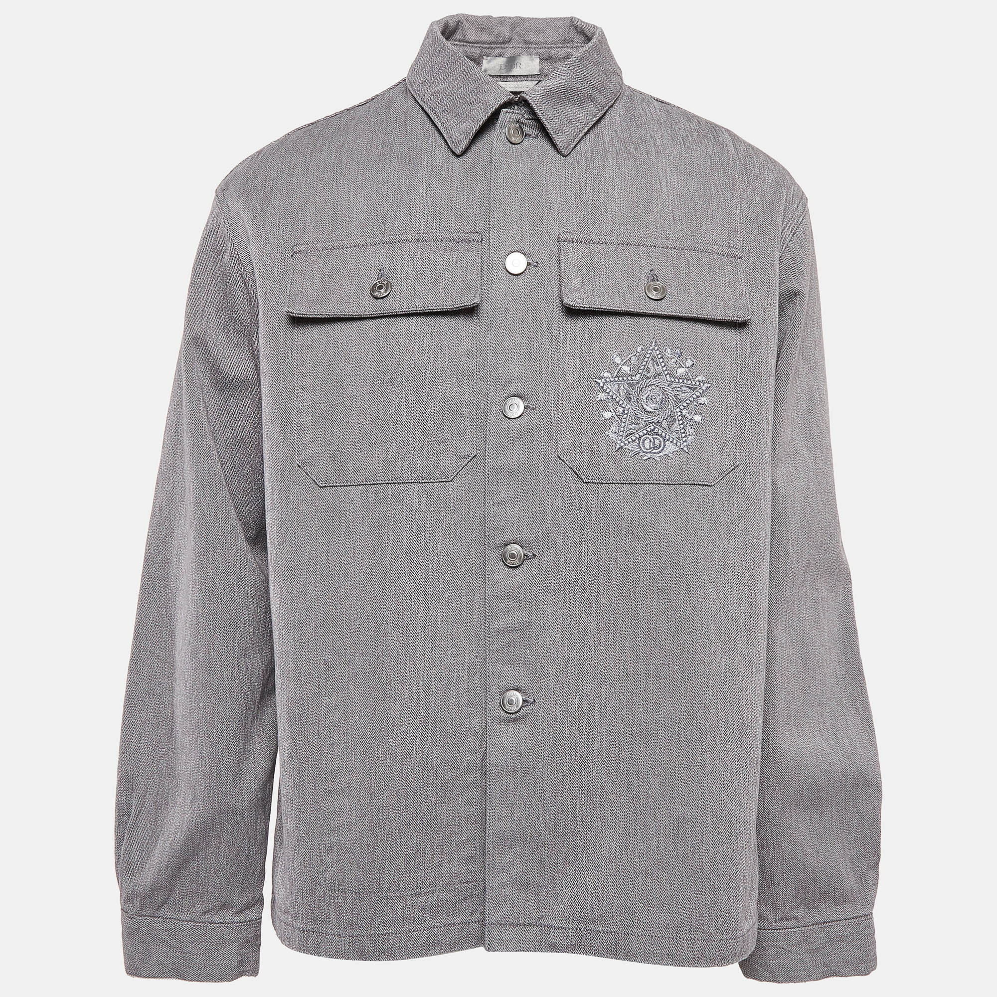 

Dior Homme Grey Embroidered Denim Buttoned Front Jacket XL