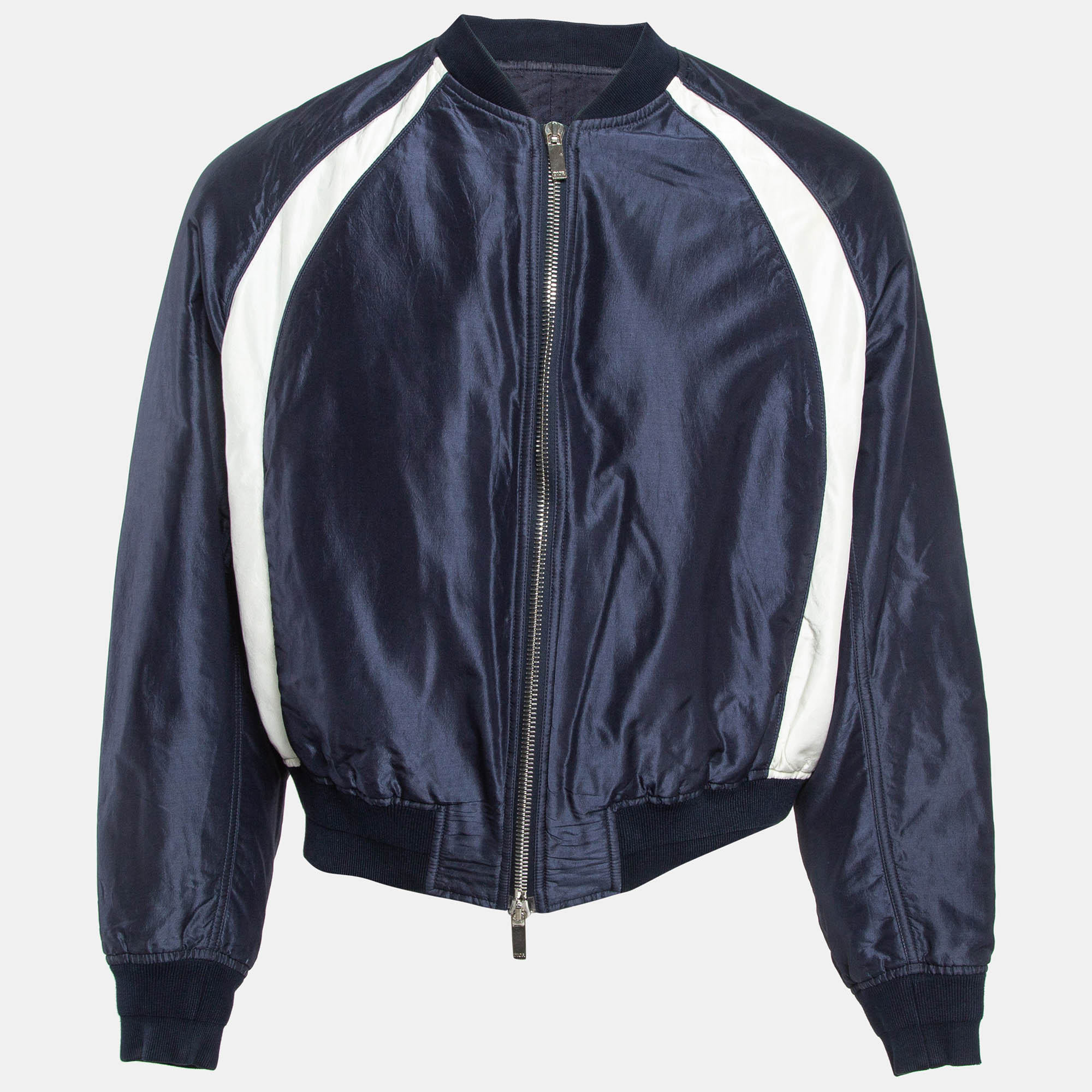 Pre-owned Dior X Air Jordon Navy Blue Silk Bomber Jacket L