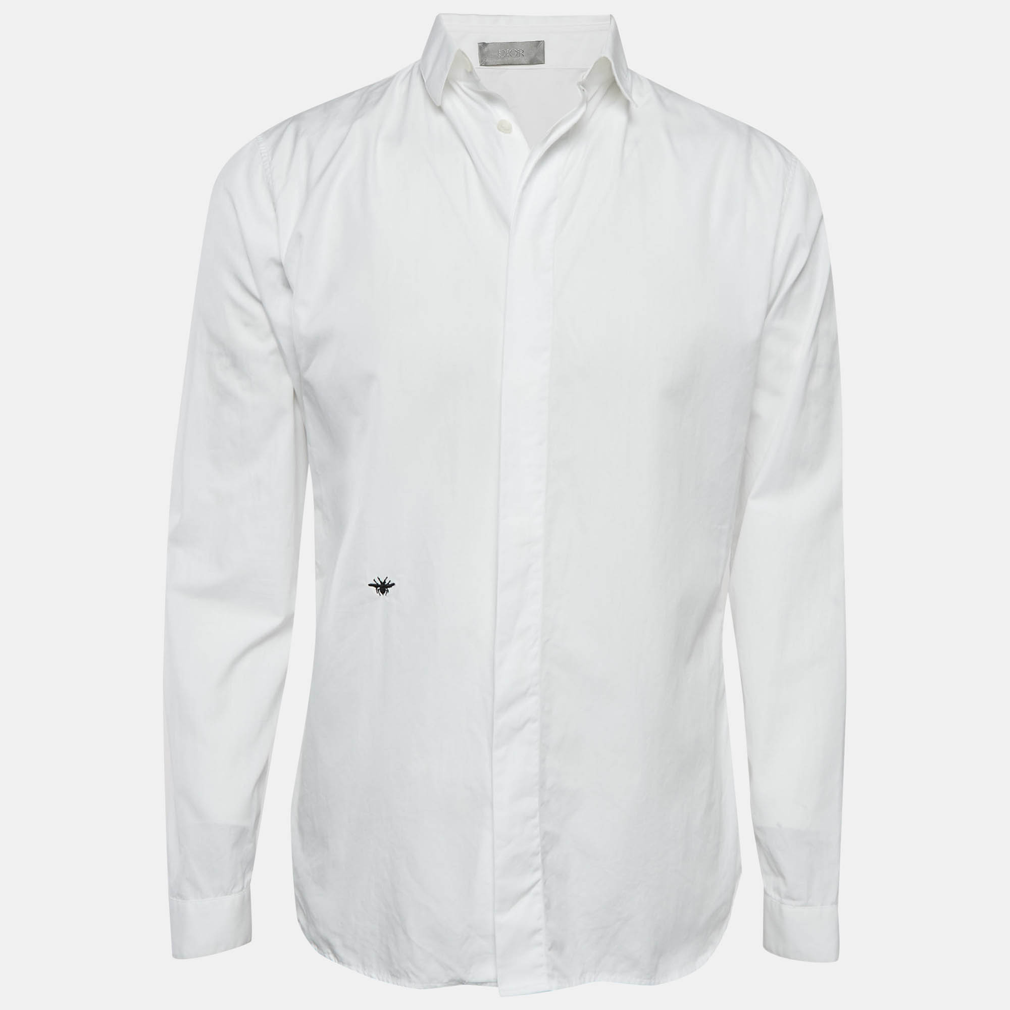 

Dior Homme White Bee Embroidered Cotton Button Front Shirt M