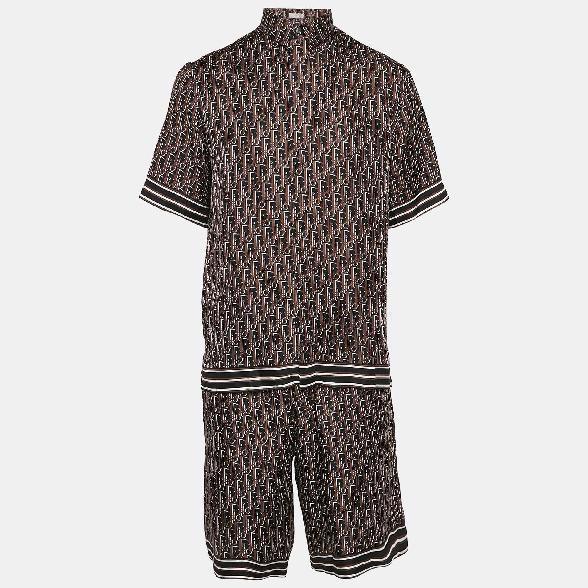 

Dior Homme Brown Oblique Print Silk Shirt and Shorts Set L