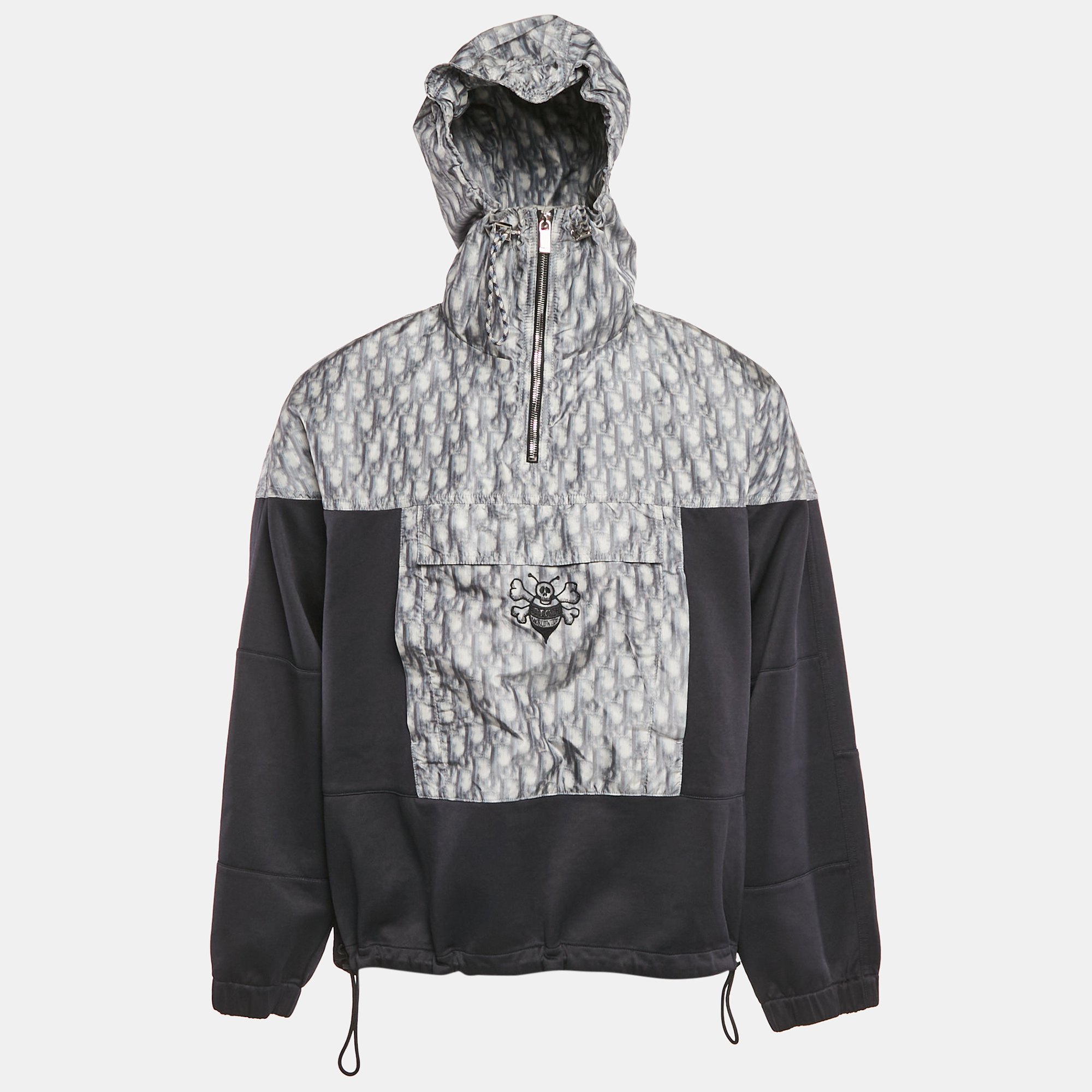 

Dior Homme Black/Grey Blurred Oblique Print Knit and Crepe Anorak Hoodie XL