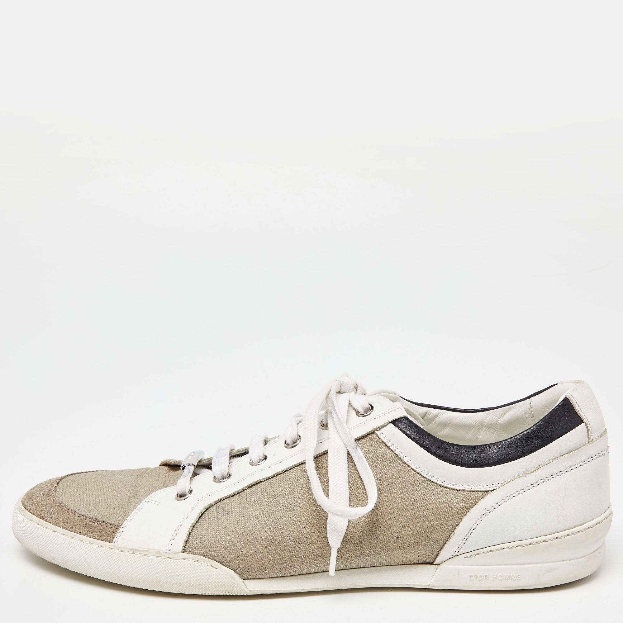 Pre-owned Dior White/beige Leather And Canvas Low Top Sneakers Size 43.5
