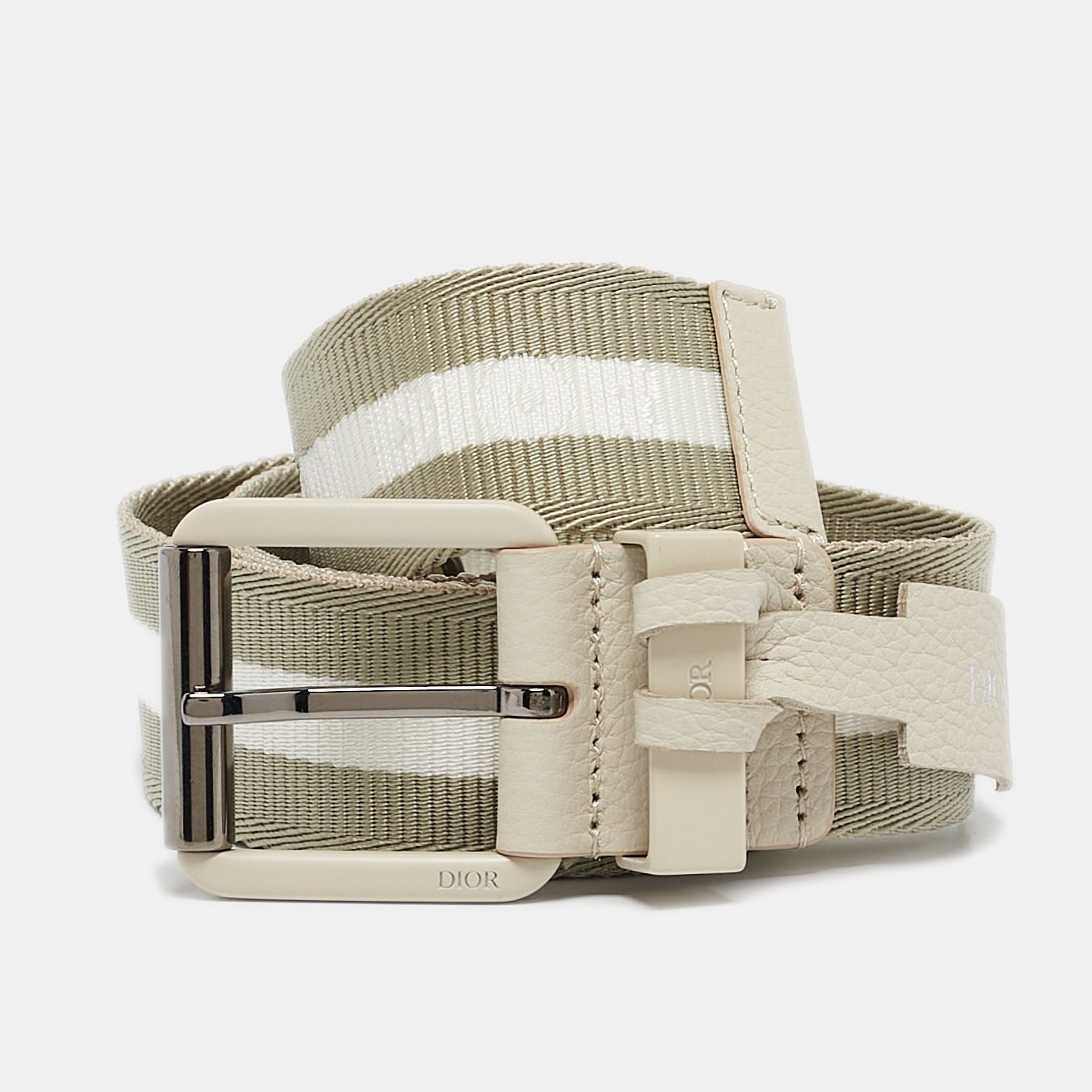 

Dior Khaki Green/White Stripe Fabric and Leather Buckle Belt