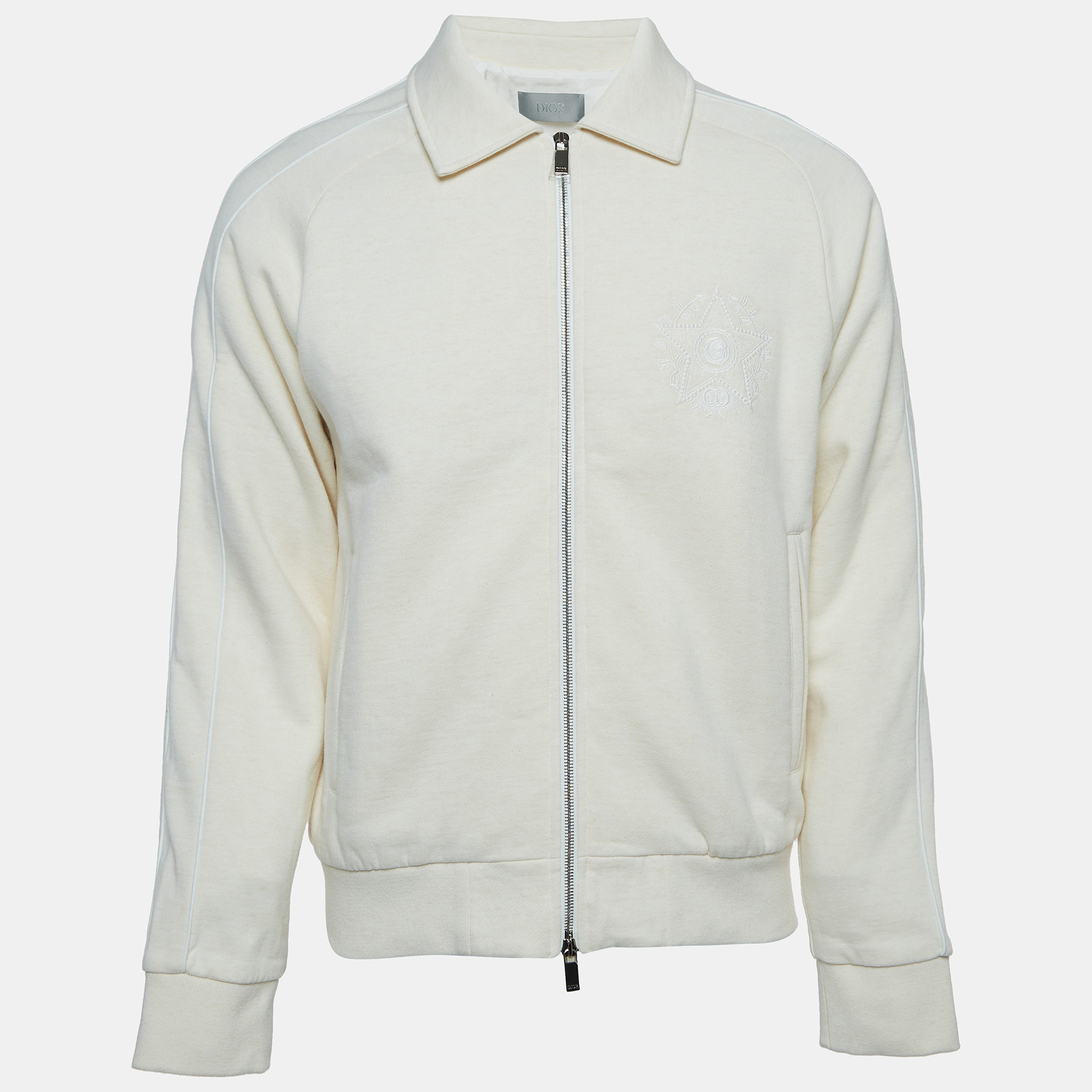 

Dior Homme Cream Embroidered Cotton Blend Zip Front Jacket