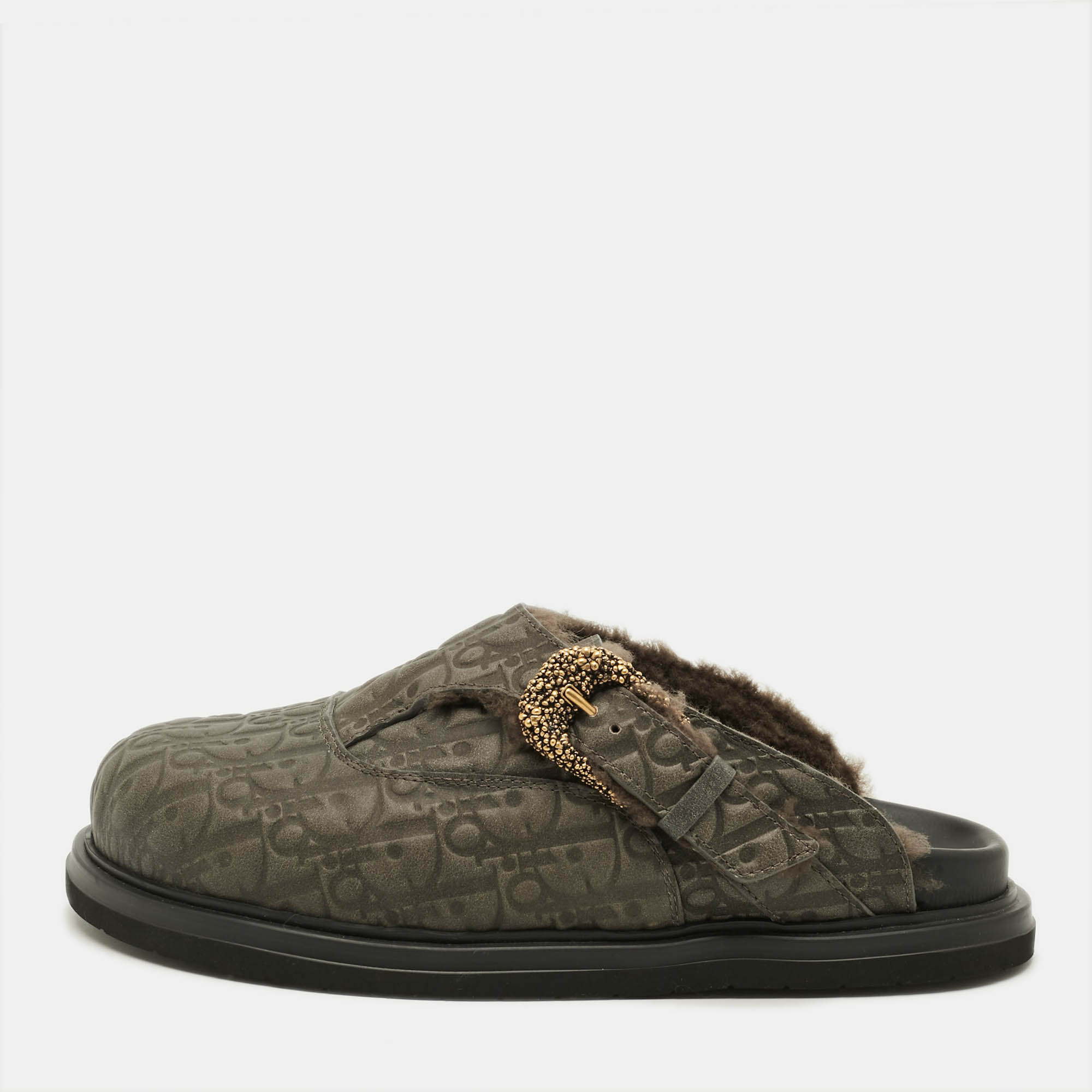 Pre-owned Dior Aqua Size 41 Dark Green Oblique Embossed Leather Mules