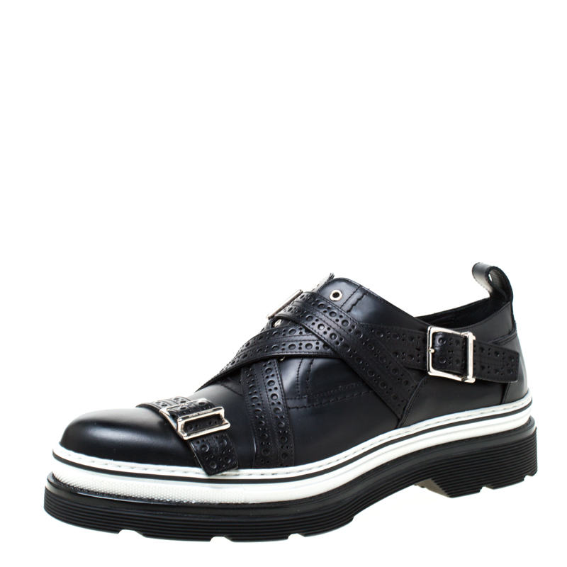 حذاء ديور هوم أوكسفورد بنعل سميك شرائط متقاطعة جلد بروغ أسود مقاس 41.5