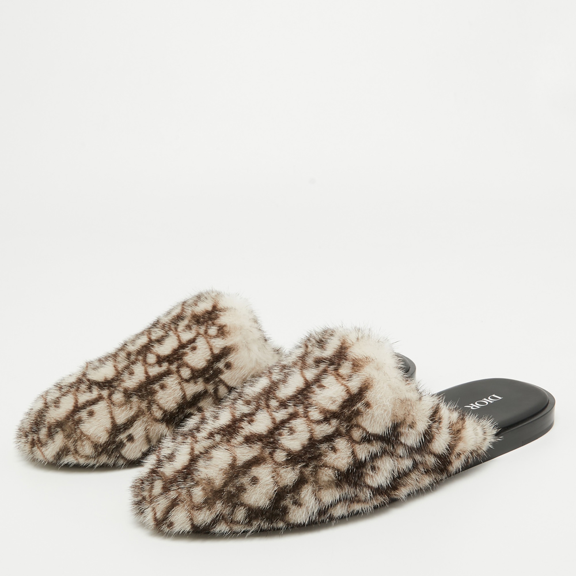 

Dior Beige/Brown Oblique Mink Fur Flat Mules Size