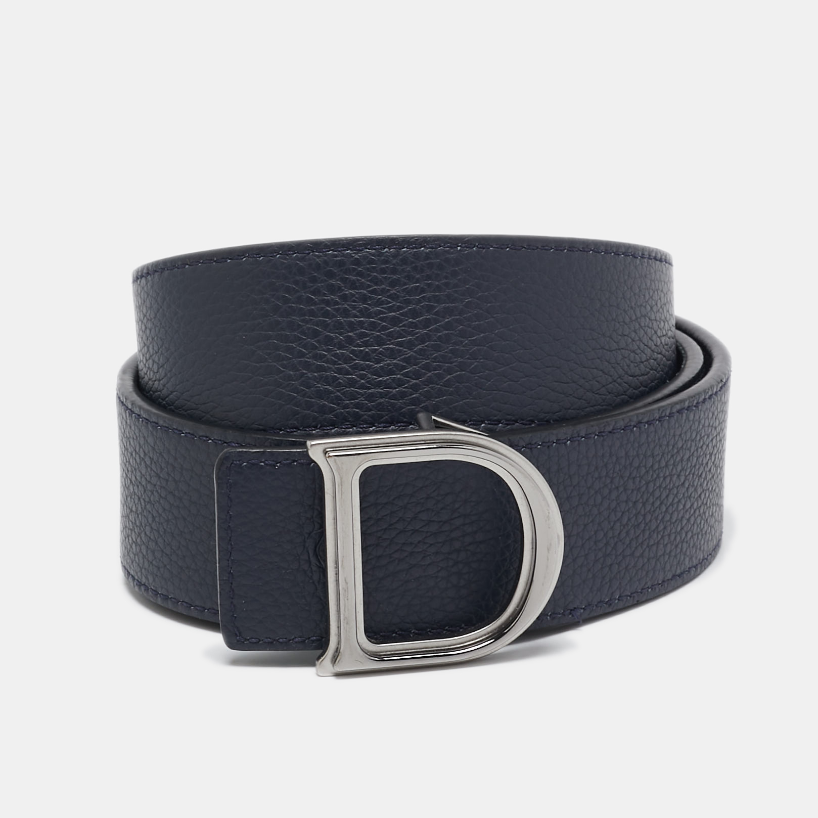 

Dior Navy Blue/Black Leather D Buckle Cut to Size Reversible Belt