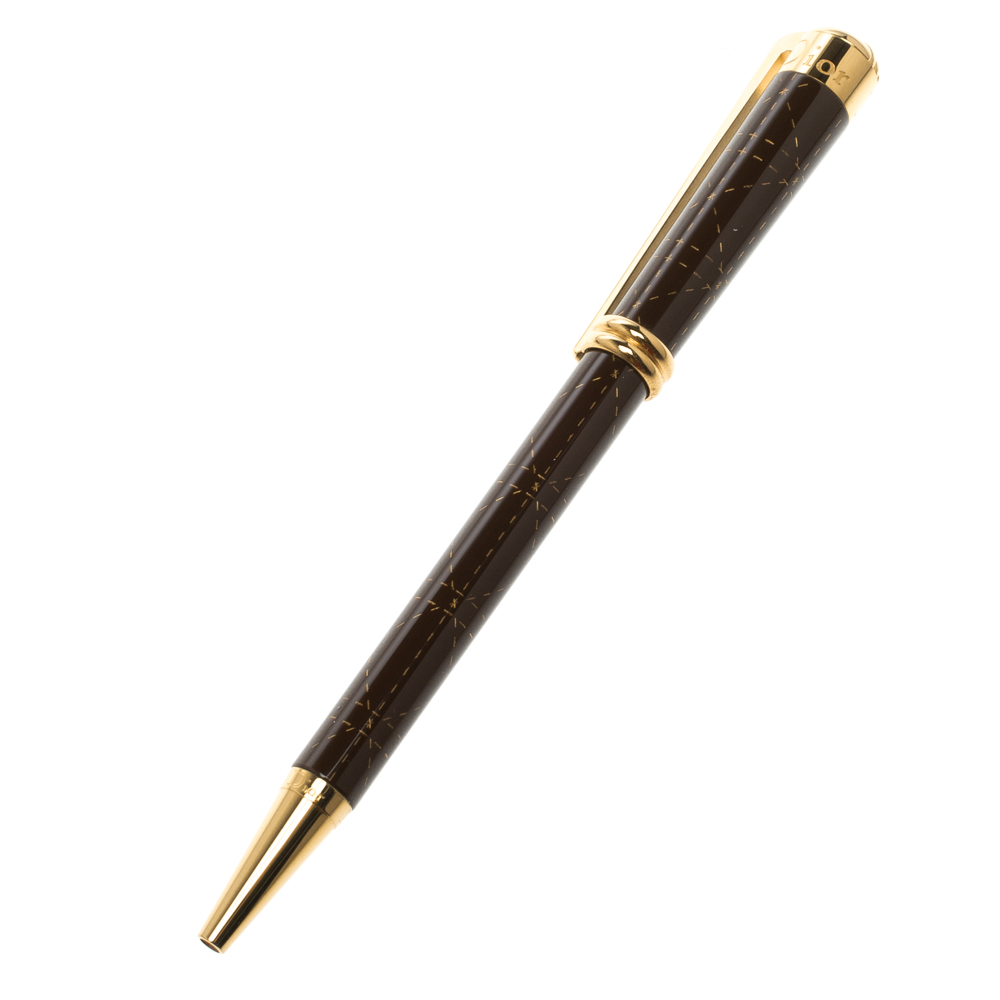 Dior Brown Lacquer Stitch Pattern Gold Tone Ballpoint Pen