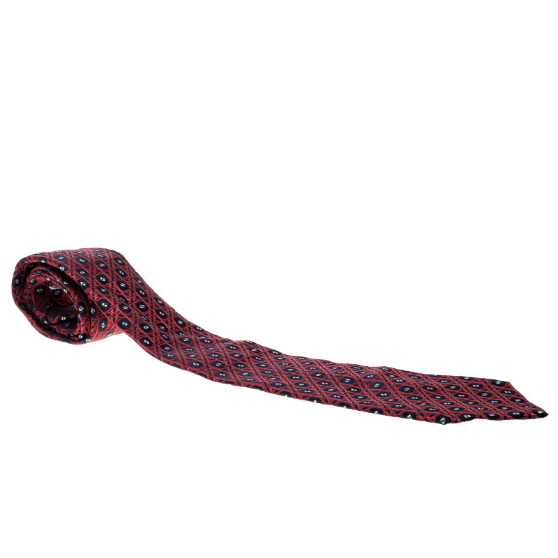 ربطة عنق ديور حرير جاكارد نقوش أشكال هندسية حمراء وكحلية