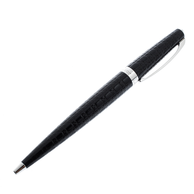 Pre Owned Dior Cannage Textured Black Lacquer Silver Tone Ballpoint Pen