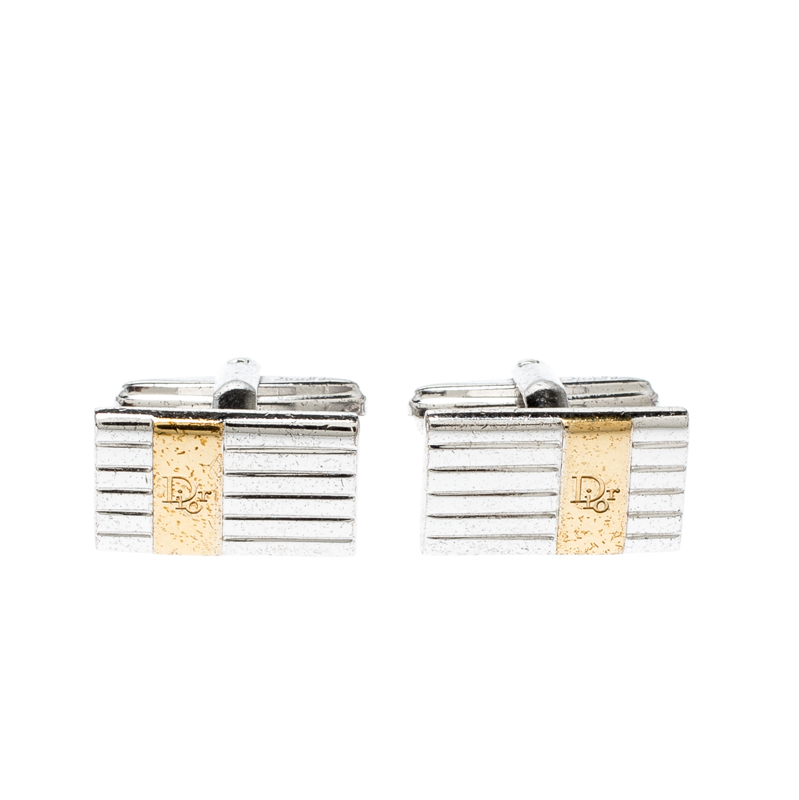 Pre Owned Dior Logo Stripe Two Tone Metal Tie Pin Cufflink Set