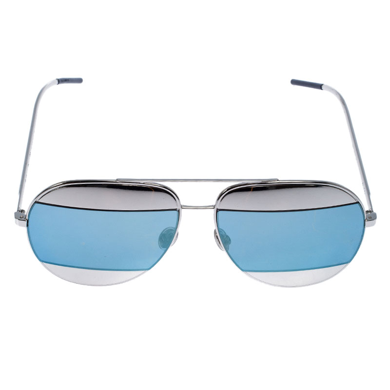 

Dior Palladium Tone/ Blue and Silver Mirrored DiorSplit1 Aviator Sunglasses