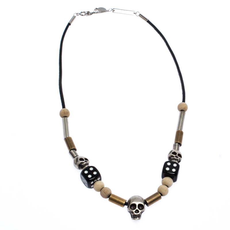 Dior Skulls & Dice Beads Black Leather Cord Necklace