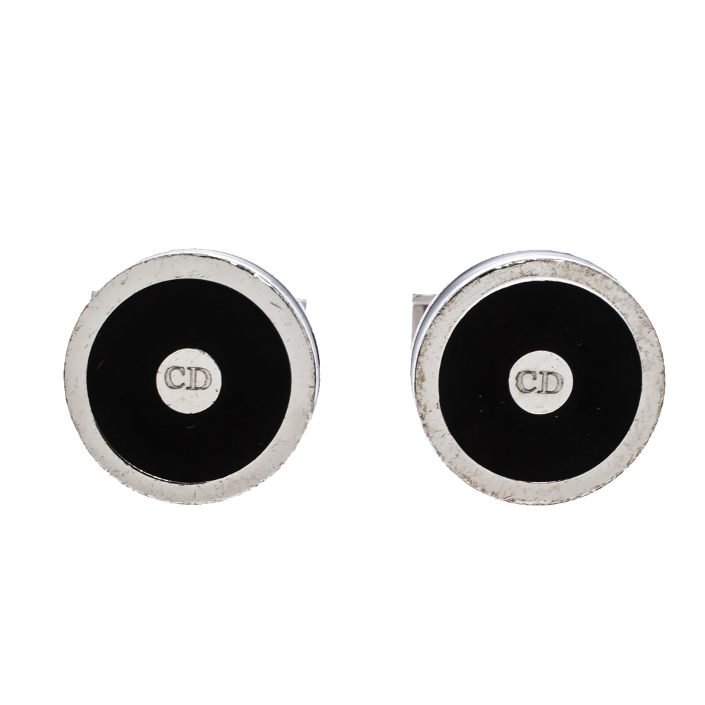 Pre Owned Dior Homme Palladium Plated Black Lacquer Logo Cufflinks