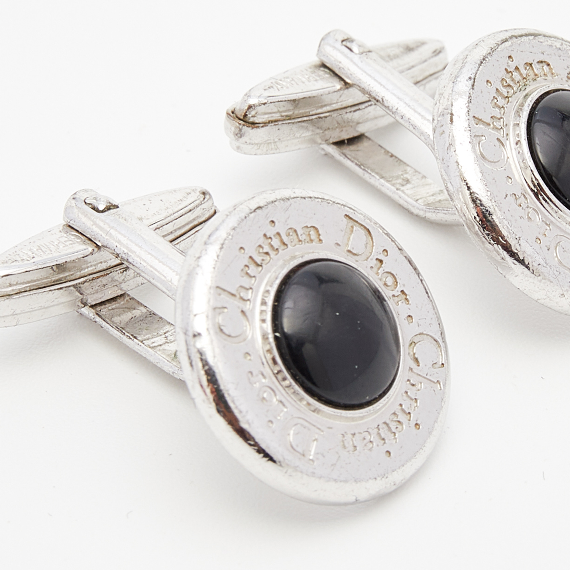 

Dior Silver Tone Black Resin Logo Round Cufflinks