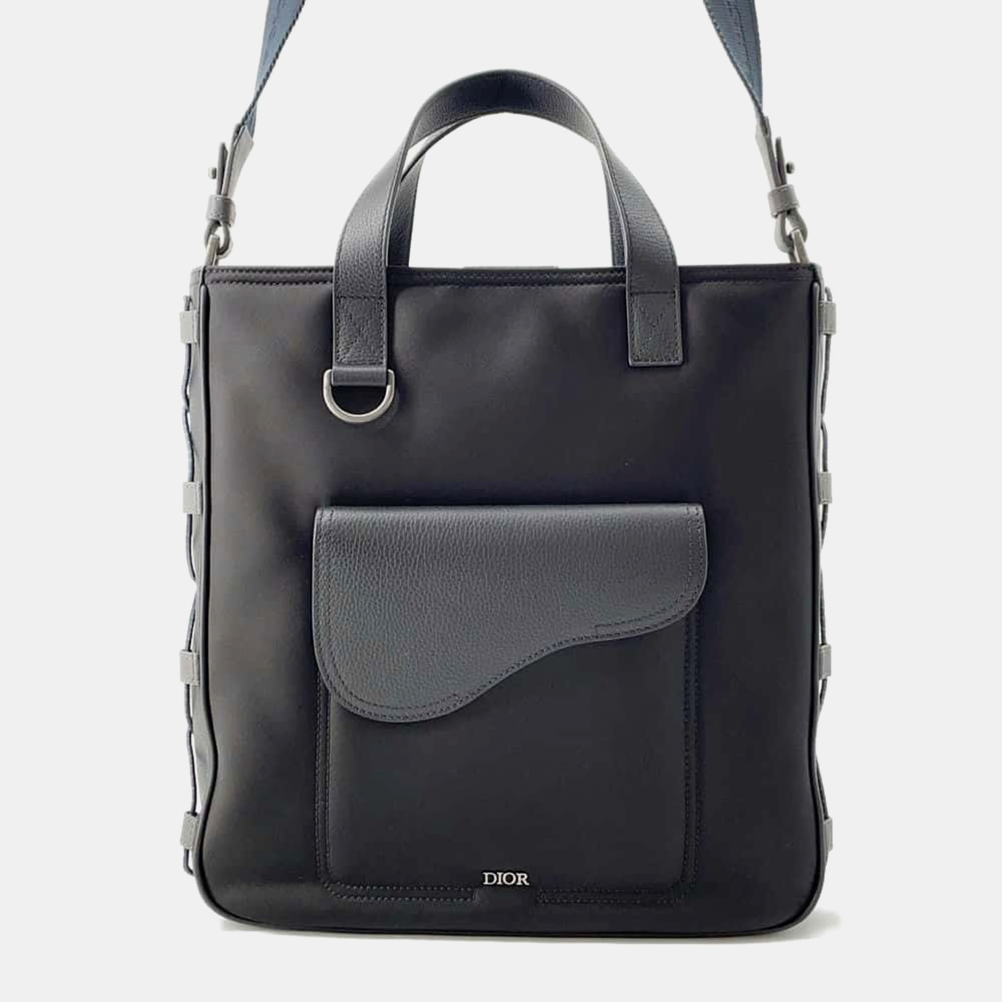 Pre-owned Dior Black Nylon Leather Sacai Saddle Tote Bag