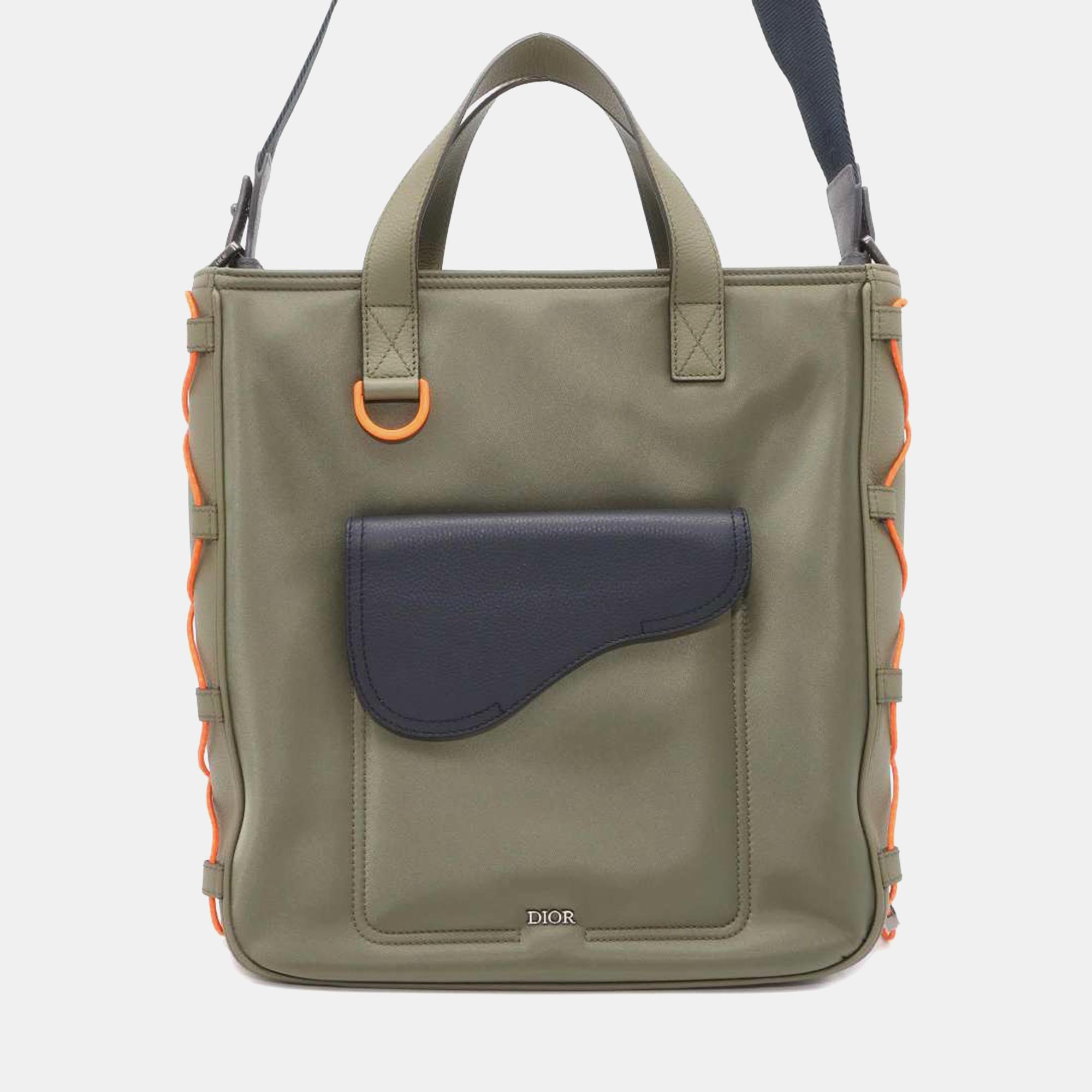 

Dior x Sacai Green Nylon and Leather Saddle Tote Bag