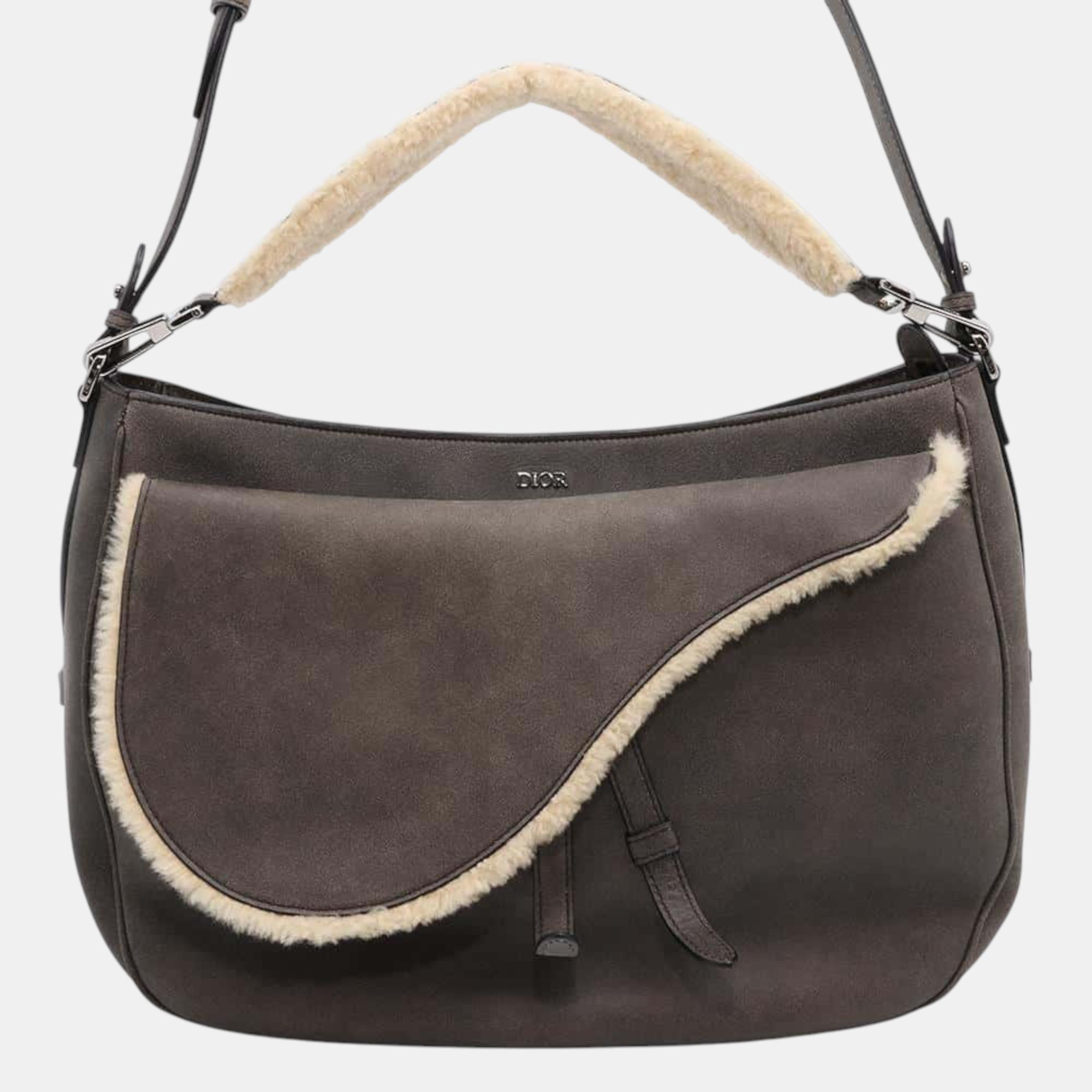 Pre-owned Dior Gray Mouton Leather Saddle Shoulder Bag In Grey