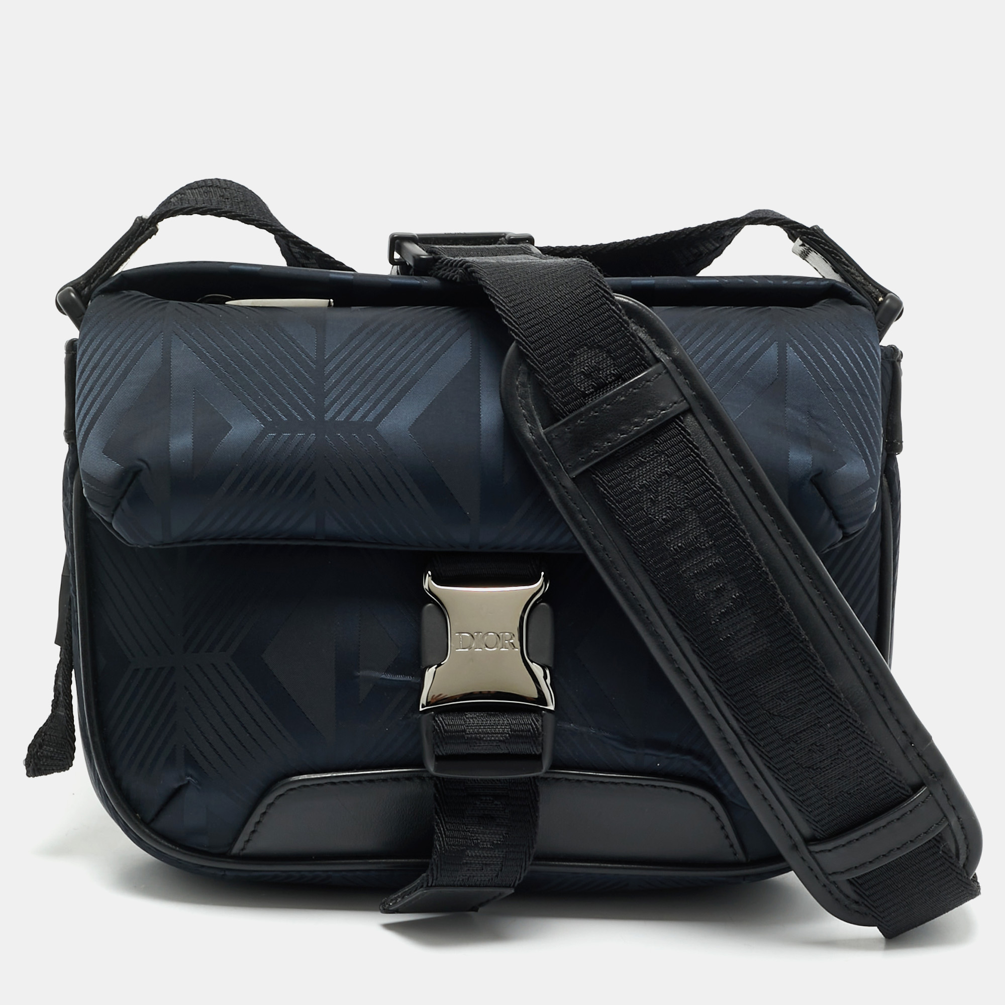 

Dior Navy Blue/Black Diamond Print Nylon and Leather Explorer Pouch Bag