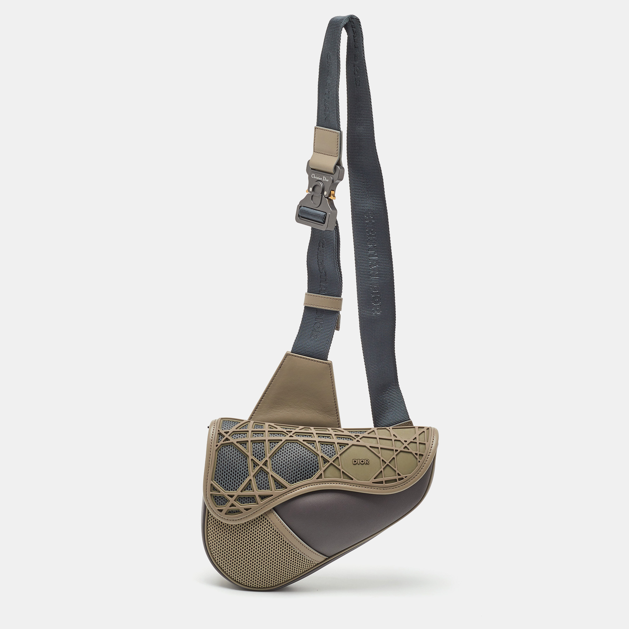 Dior Dark Grey Mesh, Nylon and Cannage Rubber Saddle Crossbody Bag