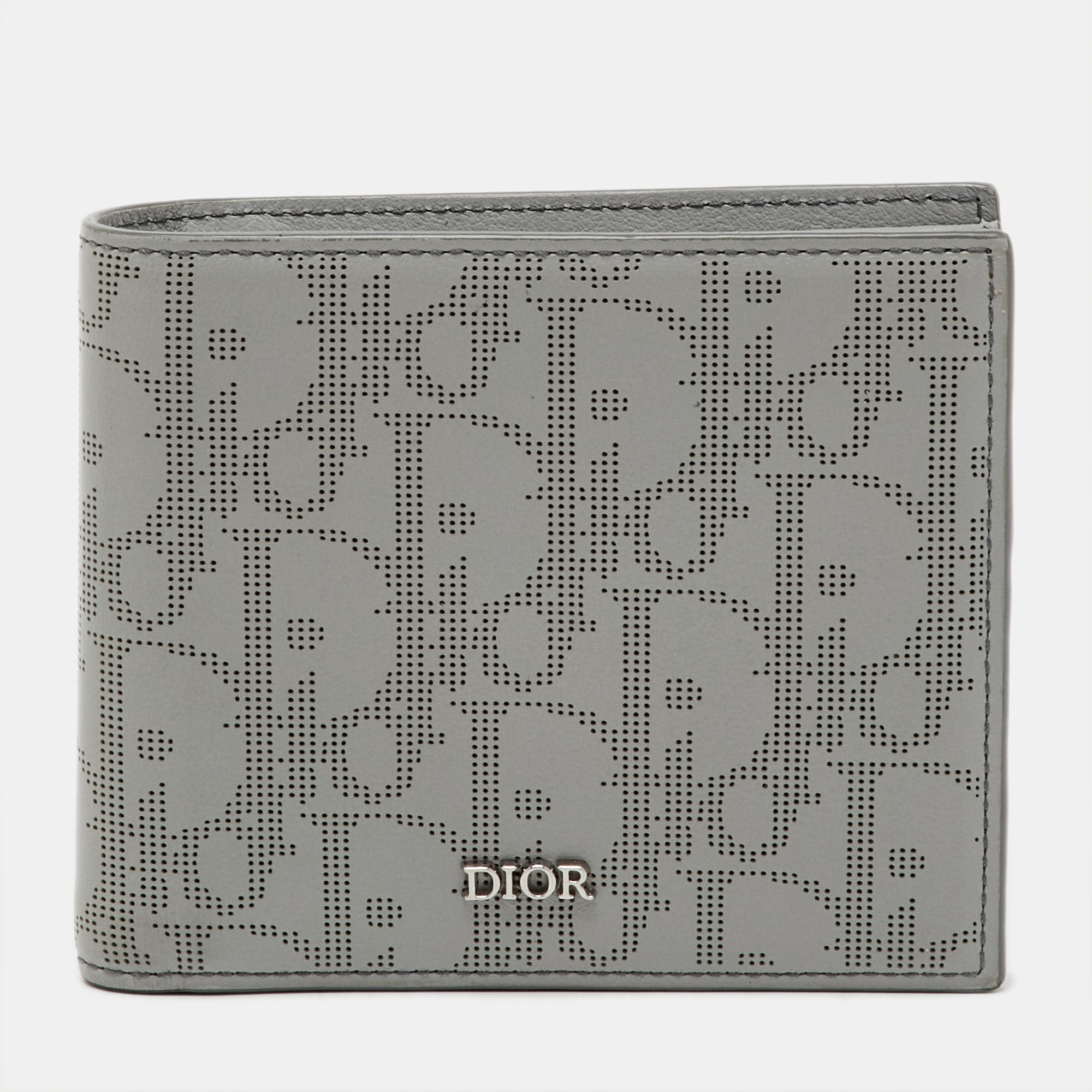 Pre-owned Dior Light Grey Oblique Leather Bi-fold Wallet In Gray